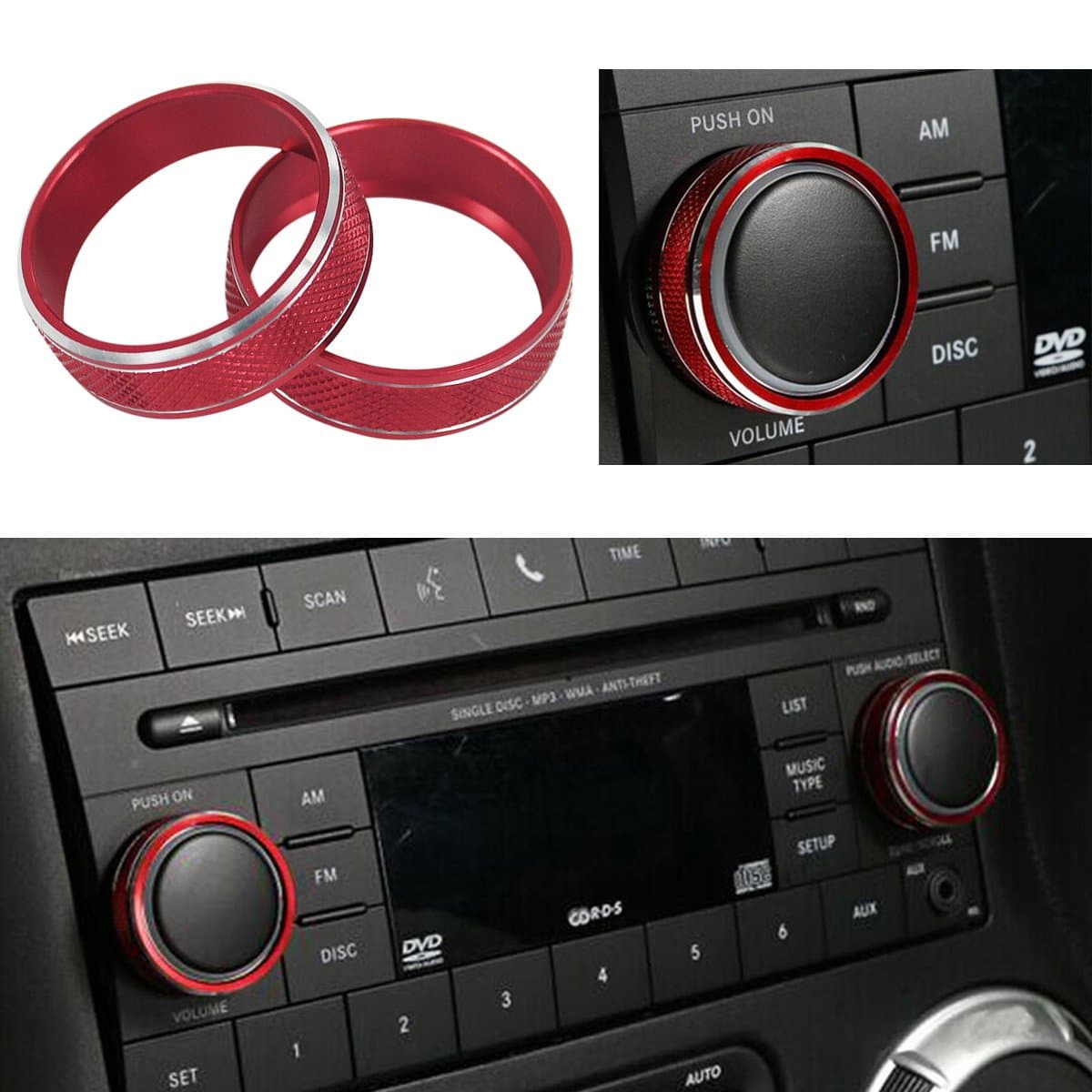 MOEBULB Interior Aluminum CD Knob Decorative Cover Twist Switch Ring Trim Compatible for Jeep Wrangler JK 2011-2016 (Red)