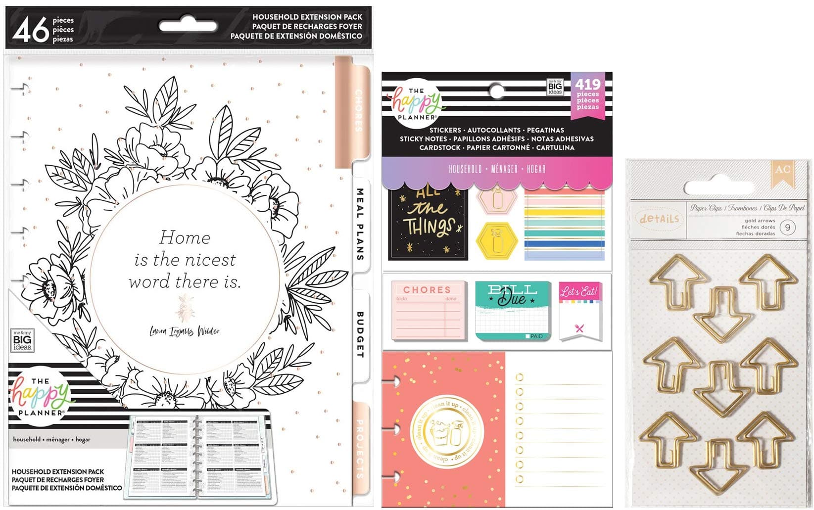 Classic Happy Planner Household Extension Bundle - Home Extension Pack, Household Accessory Pack and Shaped Planner Clips - 3 Items
