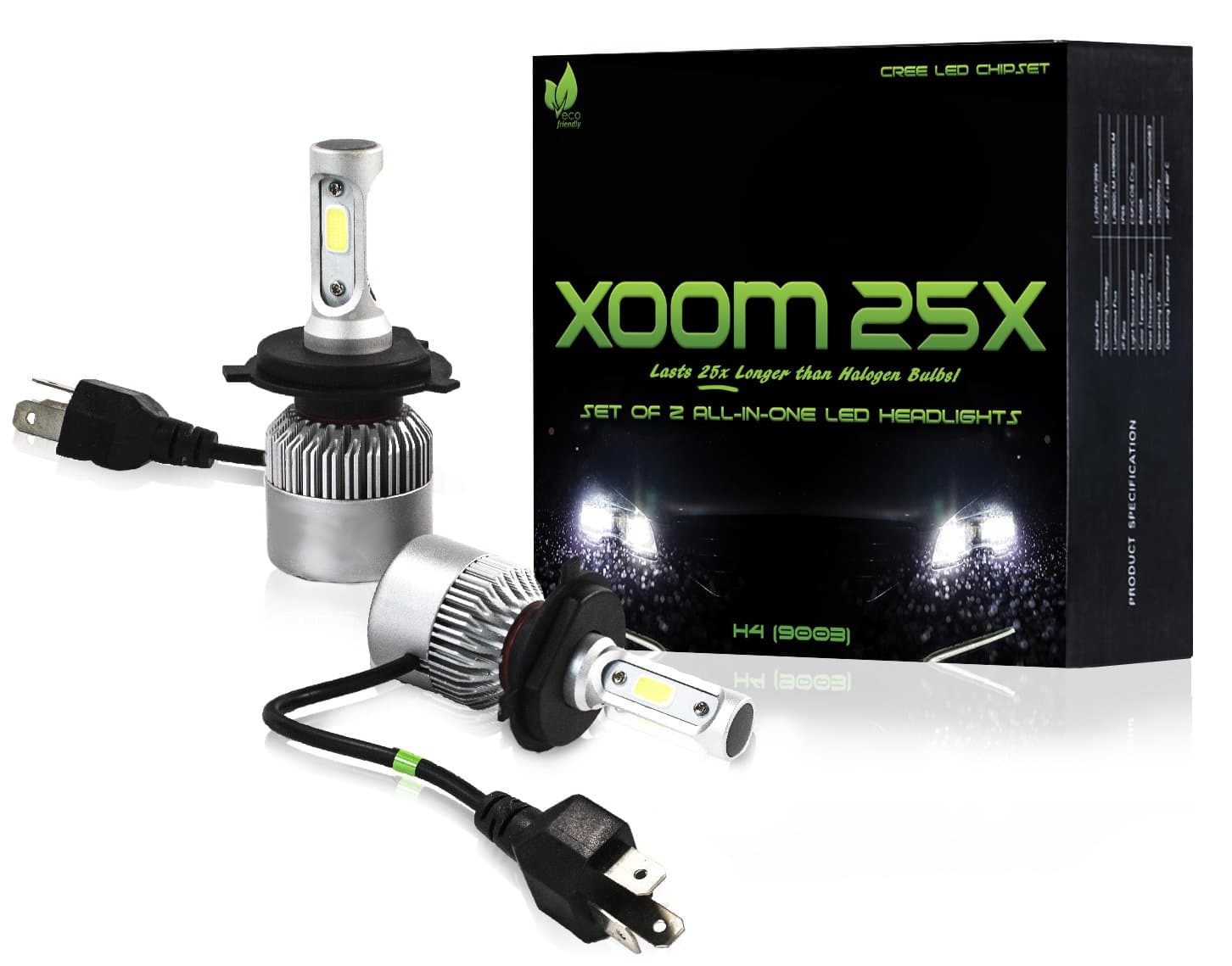 LED HEADLIGHT KIT H4 - (9003/HB2) 8000 lumen ALL-IN-ONE Conversion Kit Bulbs Hi/Lo BeamLED. Eco-Friendly CREE LED, 6500k Brighter Than Daylight Ultra-White, Easy Install, 2-Yr Warranty