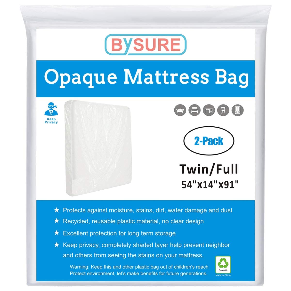 BYSURE 2-Pack 5 Mil Mattress Bag for Moving and Storage - Opaque Mattress Disposal Bag - Fits Twin/Full Size