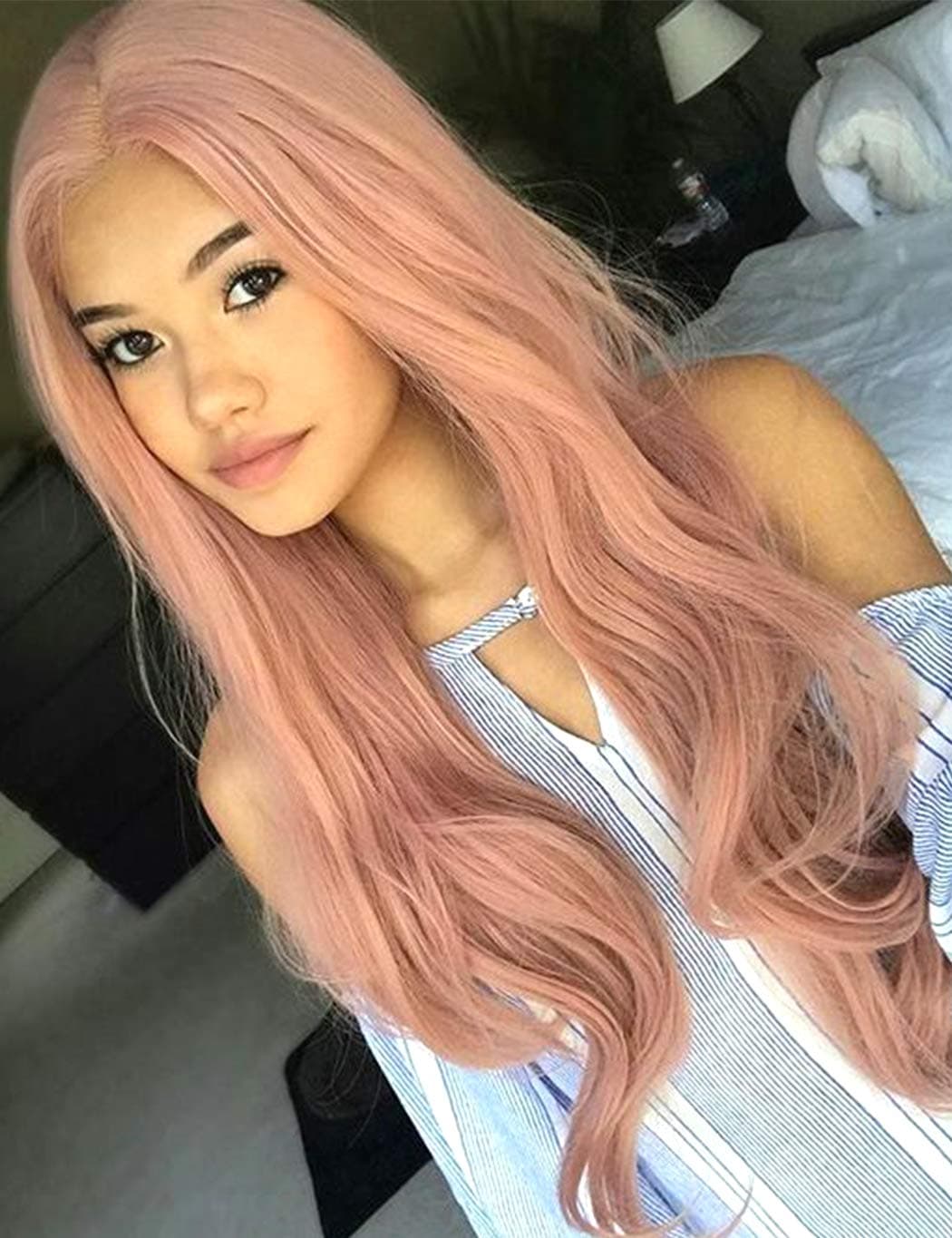 BLUPLE Long Wavy Peach Pink Lace Front Wigs Heat Resistant Synthetic Hair Half Hand Tied Replacement Full Wigs for Women (22 inches, Natural Wave,Pink)
