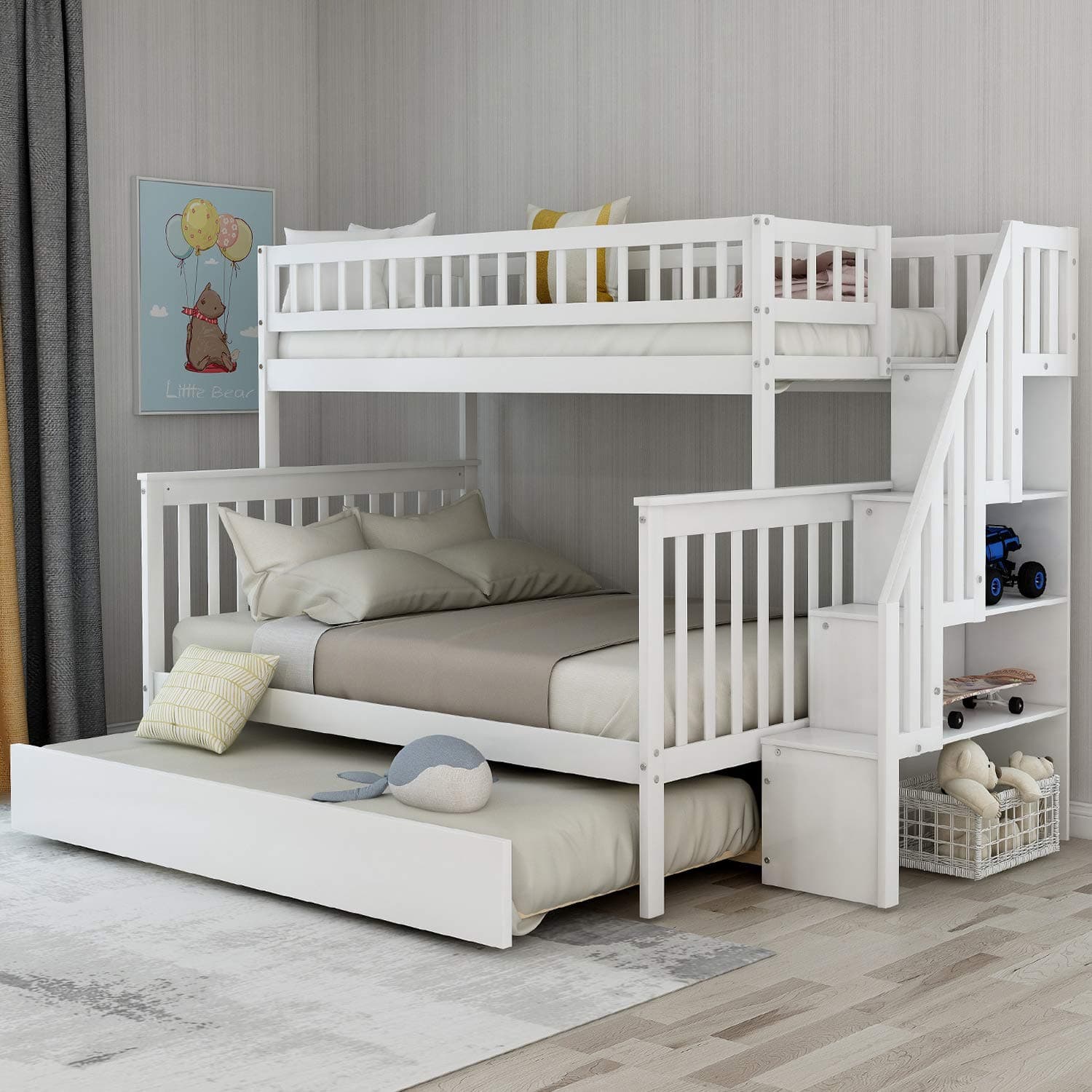 Twin Over Full Stairway Bunk Bed with Trundle, Solid Wood Twin Over Full Floor Bunk Beds with Ladder and Safety Rail for Kids Boys & Girl, Ship from USA Warehouse, Arrive Fast (White)