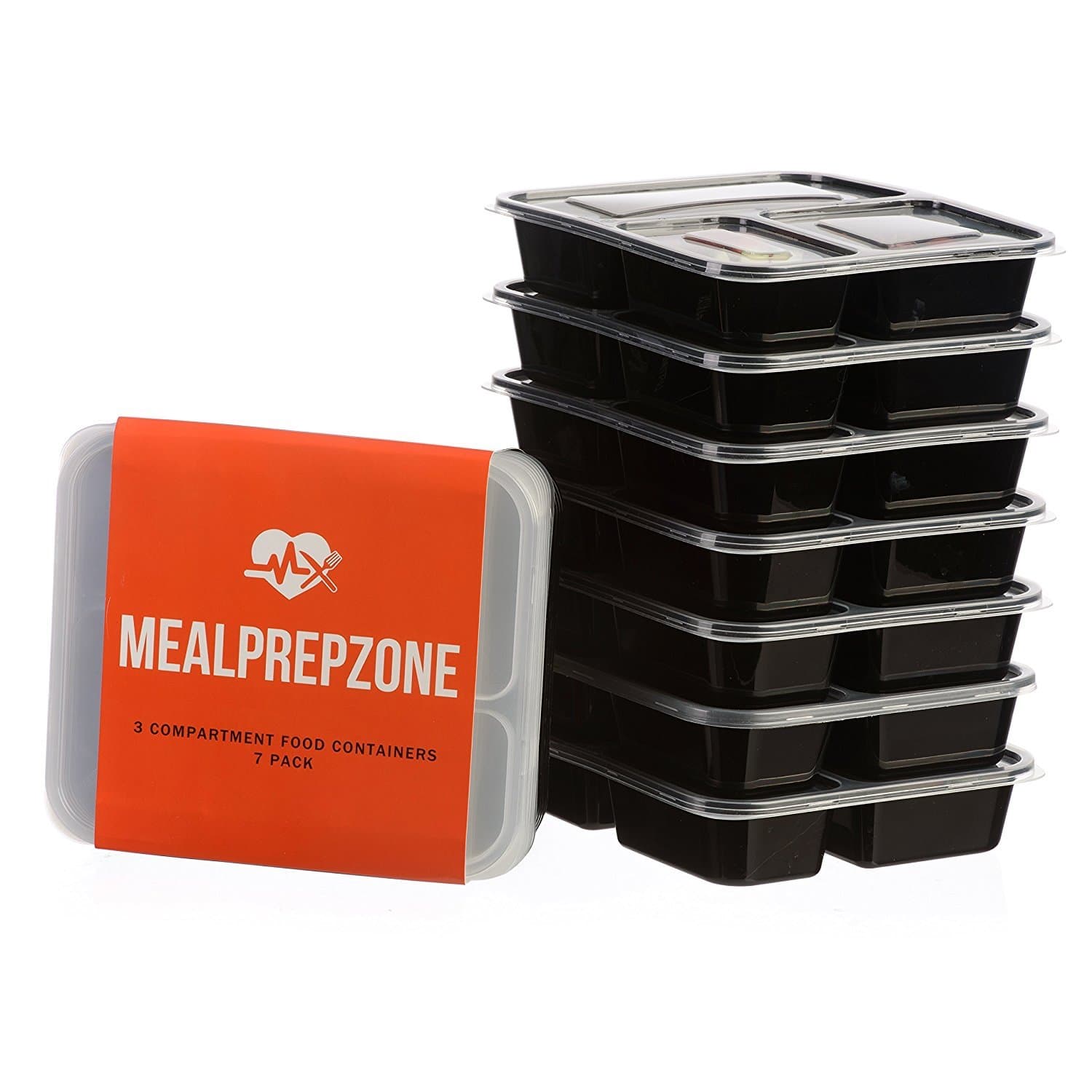 Meal Prep Zone 3 Compartment Food Storage Containers with Lids for Portion Control, Microwave, Dishwasher Safe, Bento Lunch Box, Rectangular Style, Set of 7