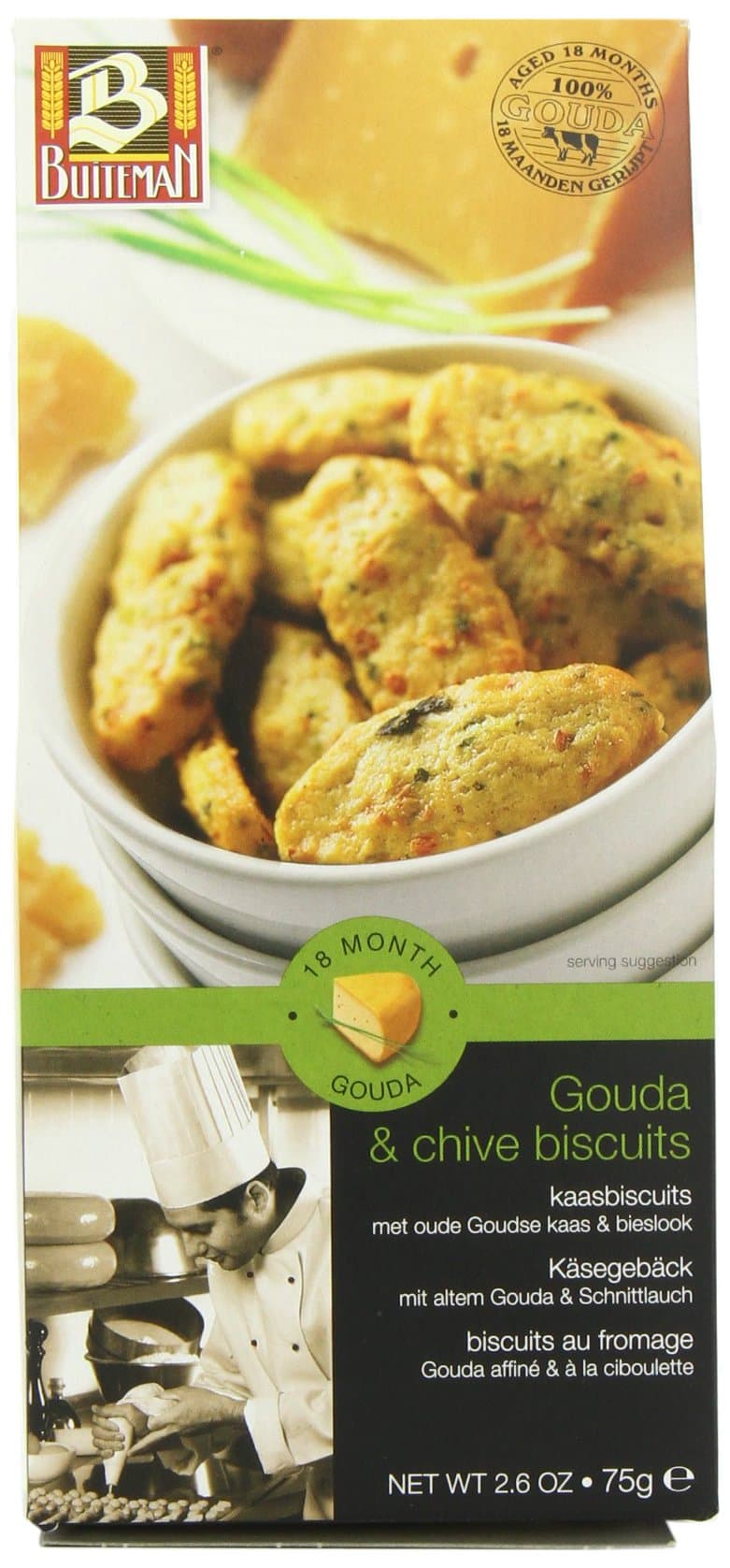 Buiteman Gouda Cheese and Chive Biscuits in Gable Box 75 g (Pack of 6)