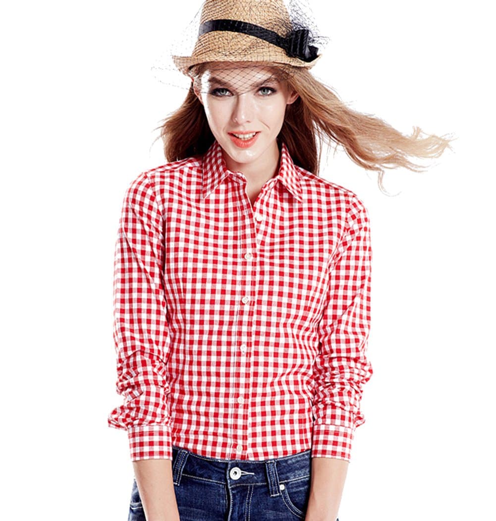 Tortor 1Bacha Women's Gingham Long Sleeve Button Down Plaid Shirt