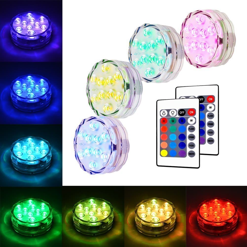 Submersible LED Light, 4Pcs Waterproof Pond Lights Pool Underwater 10-LED RGB Multicolour Remote Control Battery Powered For Fish Tank, Vase Base, Hot Tub, Aquarium,Party, Wedding, Halloween