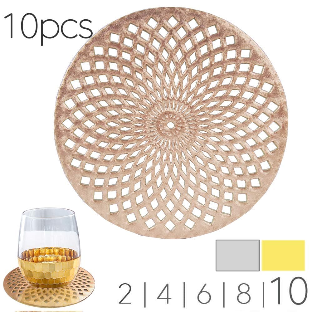 MANGATA Gold Coasters Round Set, Heat Resistant Cup Mats for Drinks Glass, Tea Cups, Coffee Mugs (Non-Slip,10 Sets)