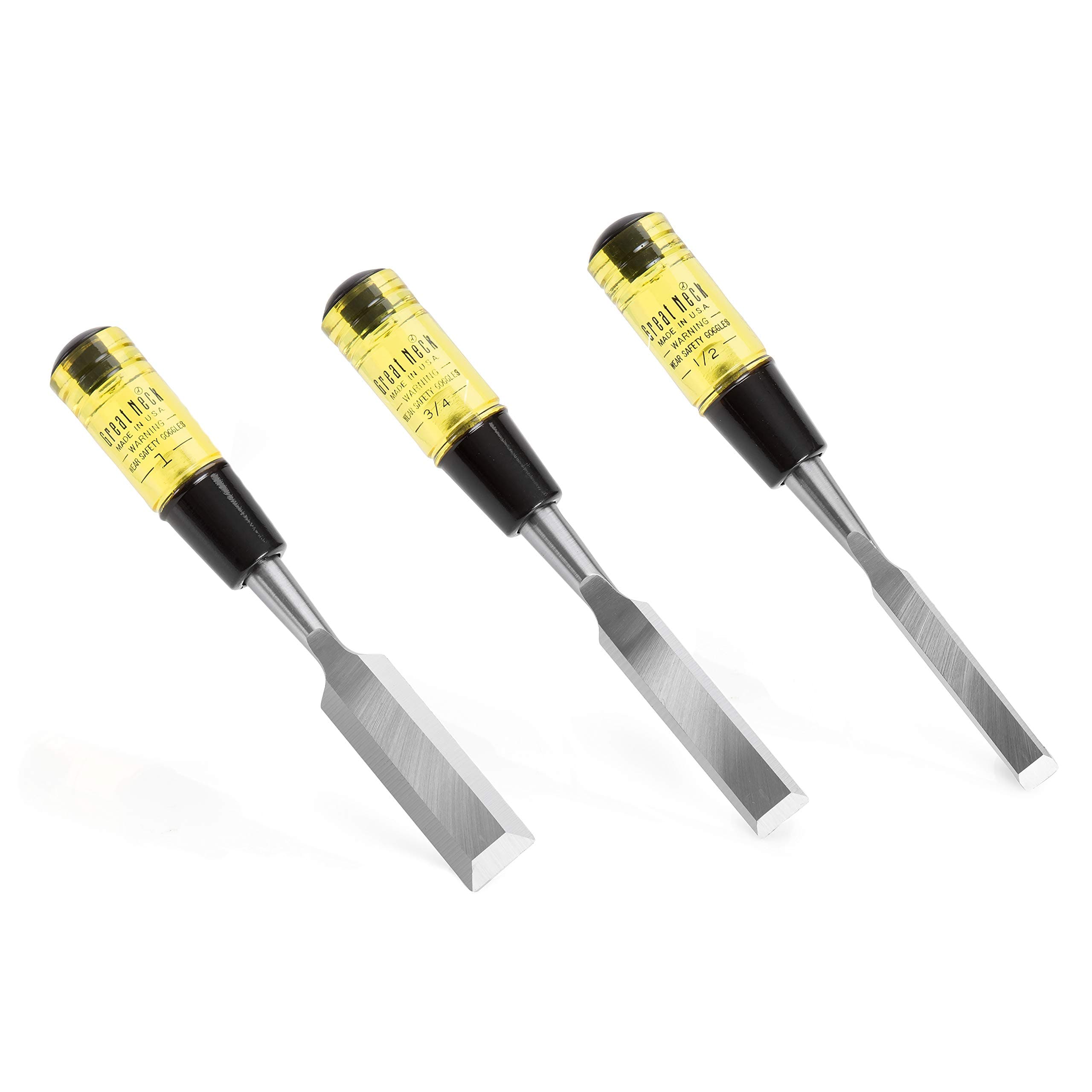 GreatNeck 1053 Professional Wood Chisel Set, 3 Piece | Carpentry Tool Set, Carve, Shape, & Cut Wood | Rugged Chisel Handles Stand up to Hammer Strikes | Professional Woodworking Tools