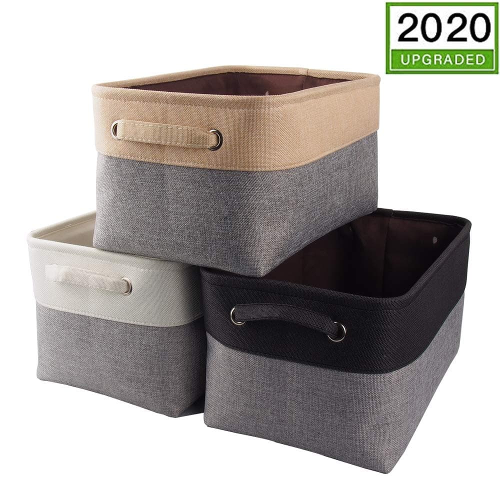 Mangata Canvas Storage Box 3 Pack, Fabric Storage Basket with Handles for Cupboards, Shelves, Clothes, Toys (Medium, Foldable)