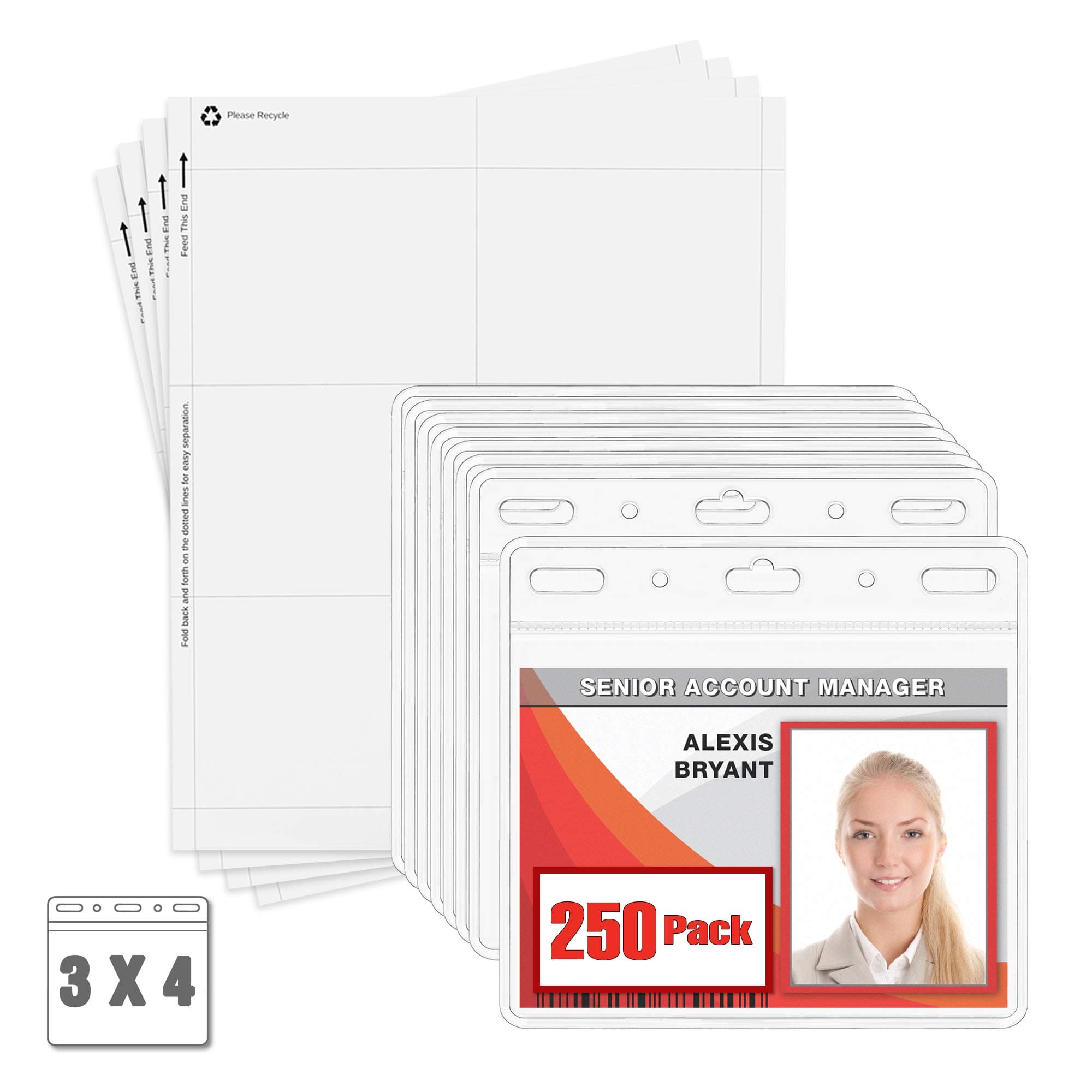 MIFFLIN Clear Plastic Horizontal 3x4 Inch Card Holder Bulk 250 Pack Quick Load No Zipper Name ID Badge with Paper Inserts Kit