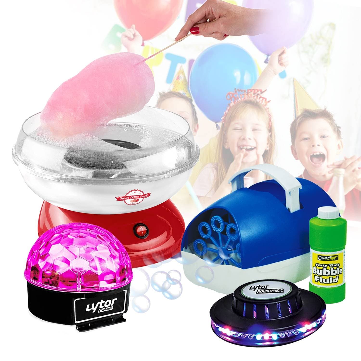Birthday Party Pack – Candy Floss Machine + Bubble Machine + 2 Games Light