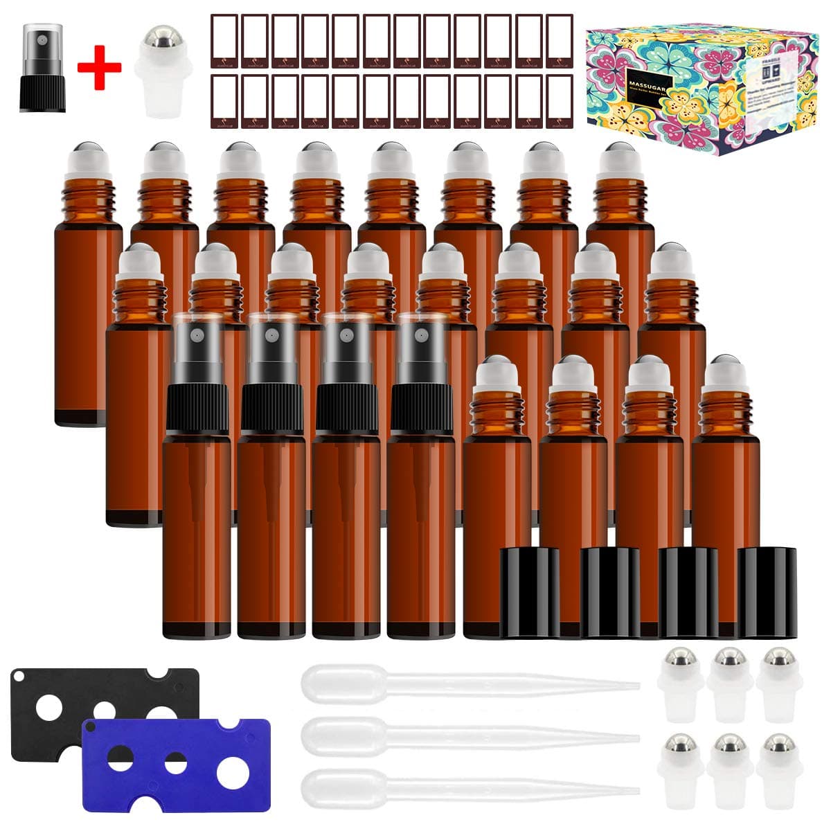 Essential Oil Roller Bottles£¬24 Pack 10ml Amber Glass Roller Bottles for Essential Oils Roll on Bottles with Roller Balls (4 Sprays, 24 Labels, 3 Droppers, 6 Extra Roller Balls, 2 Openers)