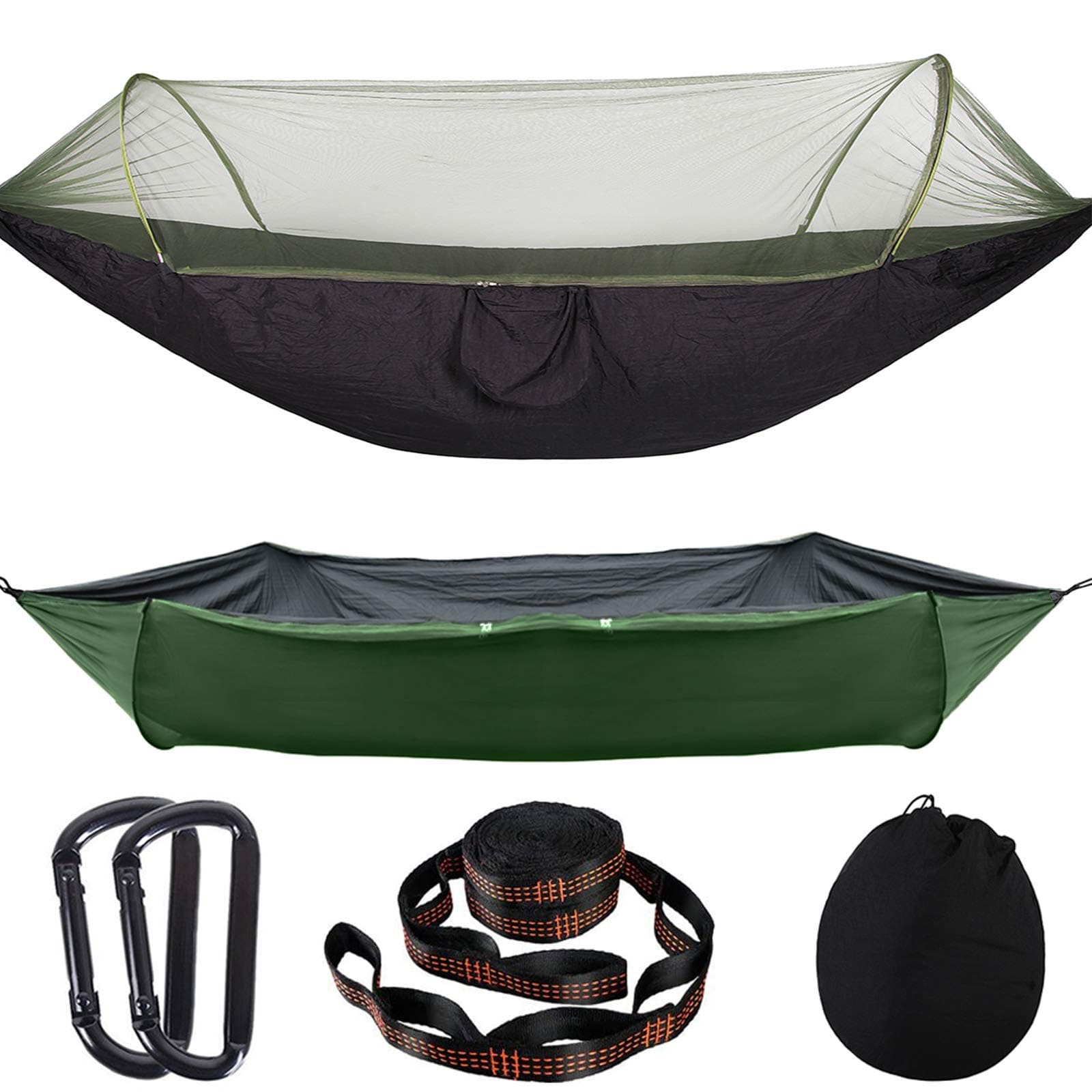 AMZQJD Camping Hammock with Automatic Pop-up Mosquito Net, Portable Single & Double Hammock with Tree Straps, Carabiners and Storage Bag for Outdoor, Travel, Hiking(Black)