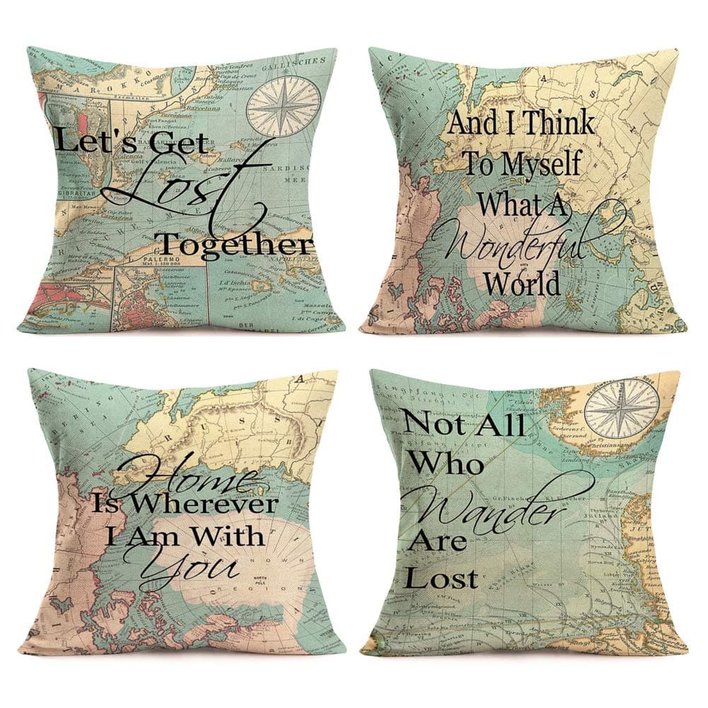 Geography Quotes Theme Throw Pillow Covers Compass Map Art Lettering Throw Pillow Cushion Cover Protector Home Decorative Pillow Case for Sofa Couch 18x18 inches Set of 4,Travel,Green