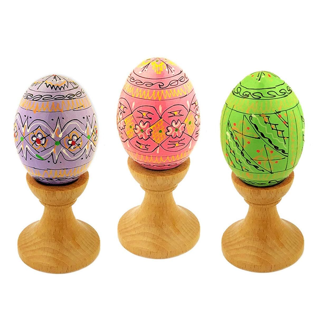 Wooden Hand Painted Pastel Colors Easter with Egg Stands, Set of 3, Hand Made Ukrainian