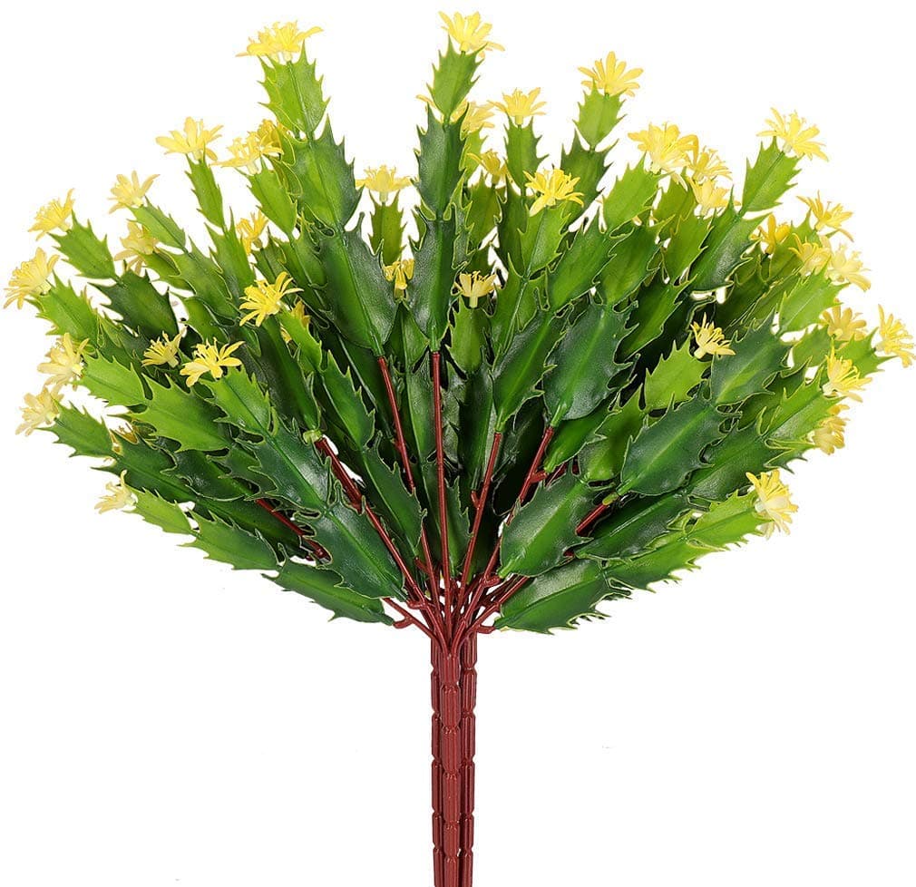 RERXN Artificial Plants Fake Shrubs Plastic Bushes Faux Greenery Cactus with Mini Flowers Indoor Outdoor Garden Home Office Decor,Pack of 3 (Yellow-A)