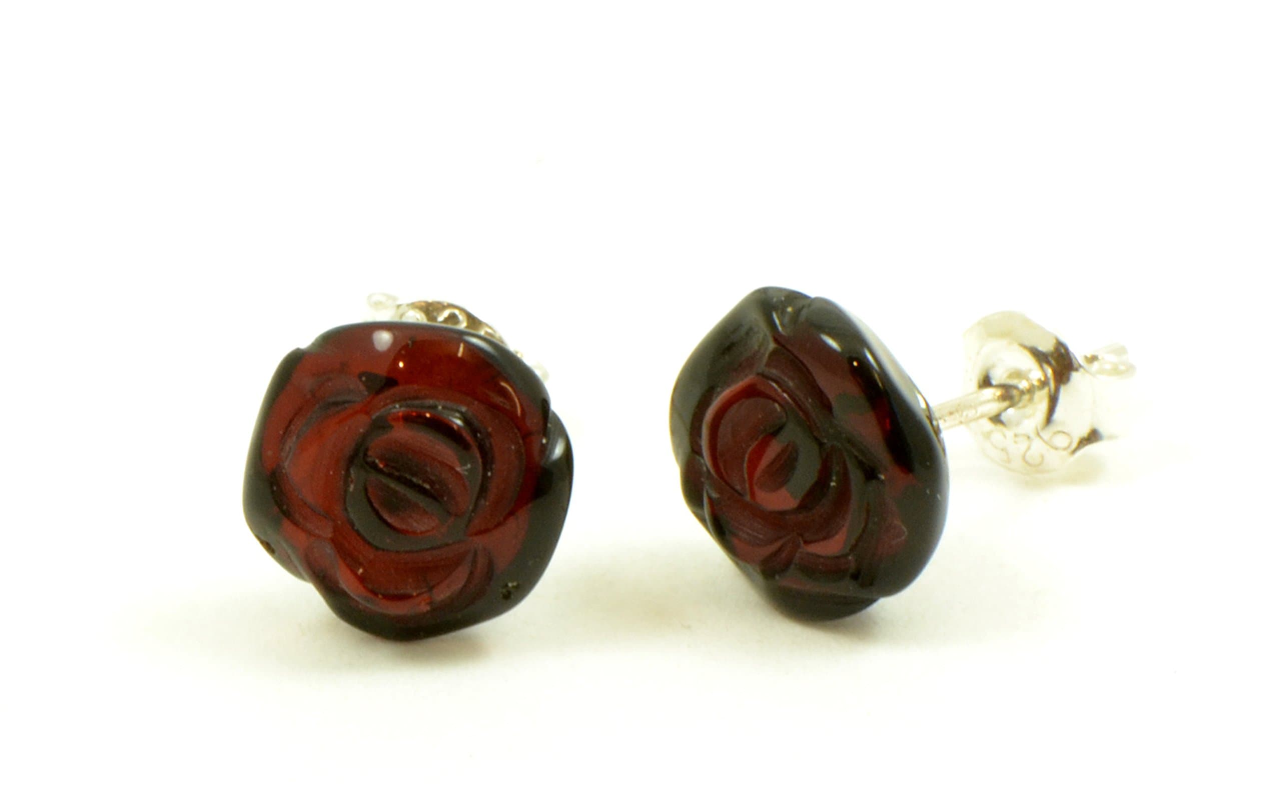 Genuine Baltic Amber Rose Stud Earrings with Sterling Silver, Hand Made from Genuine Baltic Amber