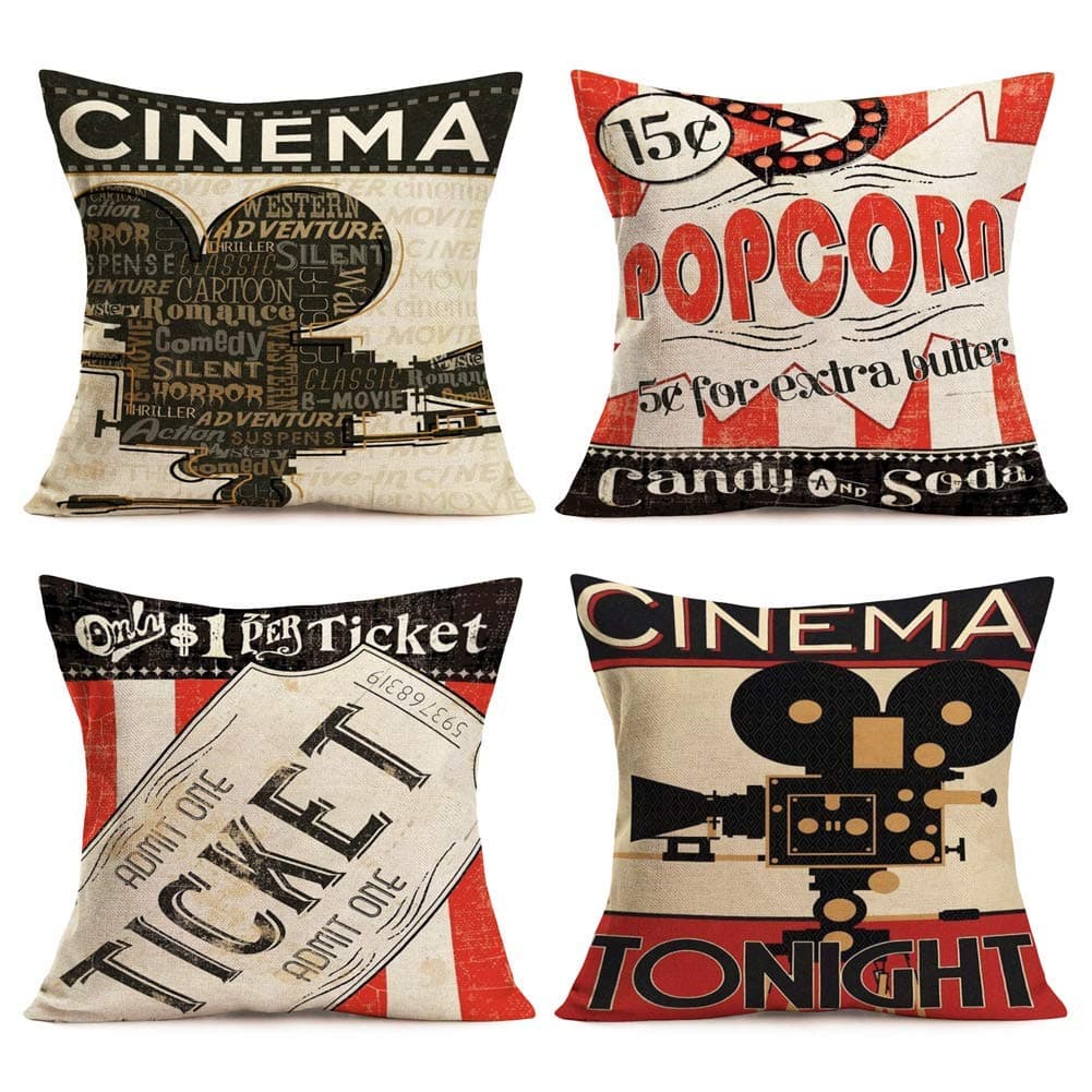 KROWMAET Retro Cinema Popcorn Movies Pattern Printed Rustic Couch Pillow Cases Set of 4 Home Decorative Soft Bed Cotton Pillow Covers Summer Cushion Case Cover (Two Sided)
