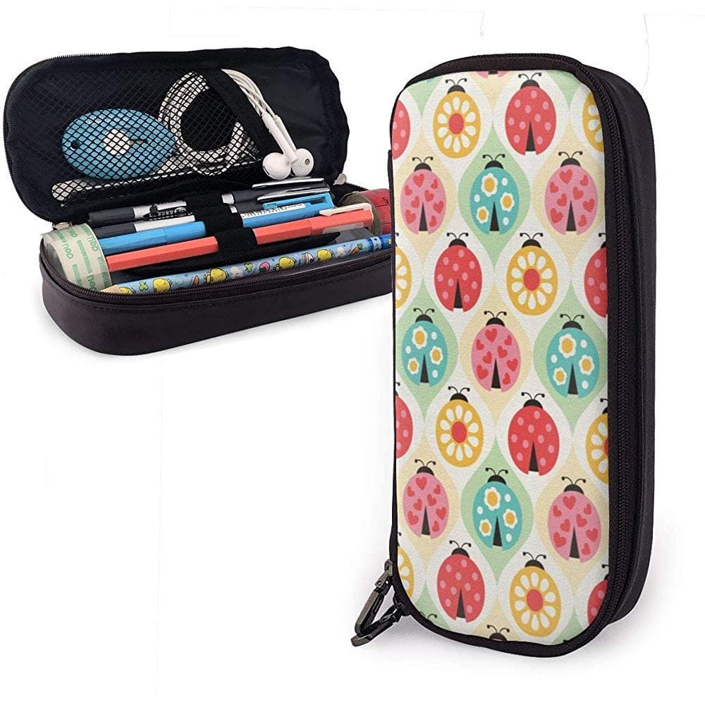 Ladybugs Cartoon Pattern Cute Pen Pencil Case Leather Double Zippers Pencil Pouch Bag