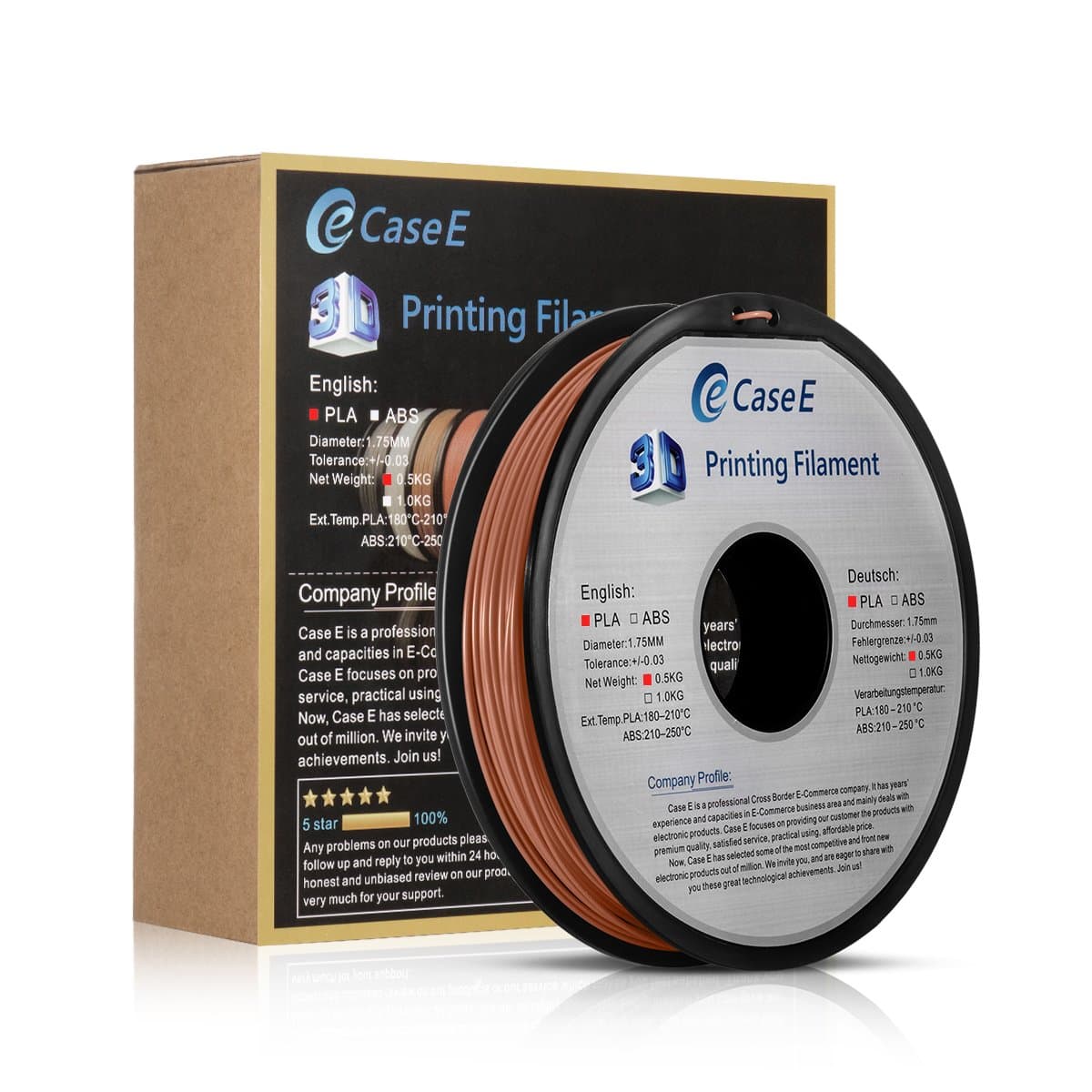 Case E PLA 0.5Kg 3D Filament for Printer and Pens, 1.75mm Diameter, Dimensional Accuracy +/- 0.03 mm,Multiple Colour for Choose (Coffee)