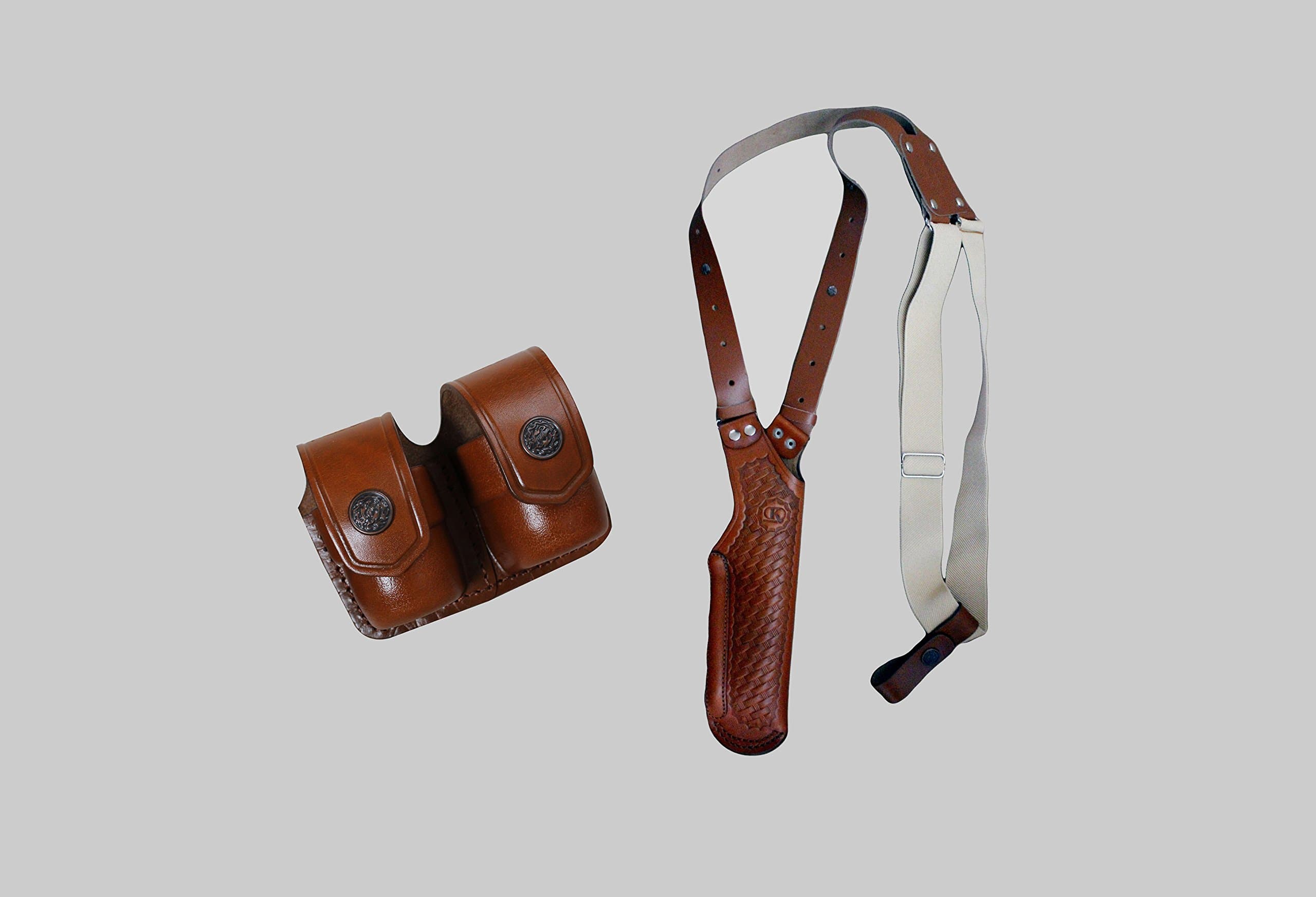 K40038-357 Basketweave Leather Vertical Shoulder Holster & Double Speedloader Case 357 Magnum & Similar Revolvers 4" RH Handmade!