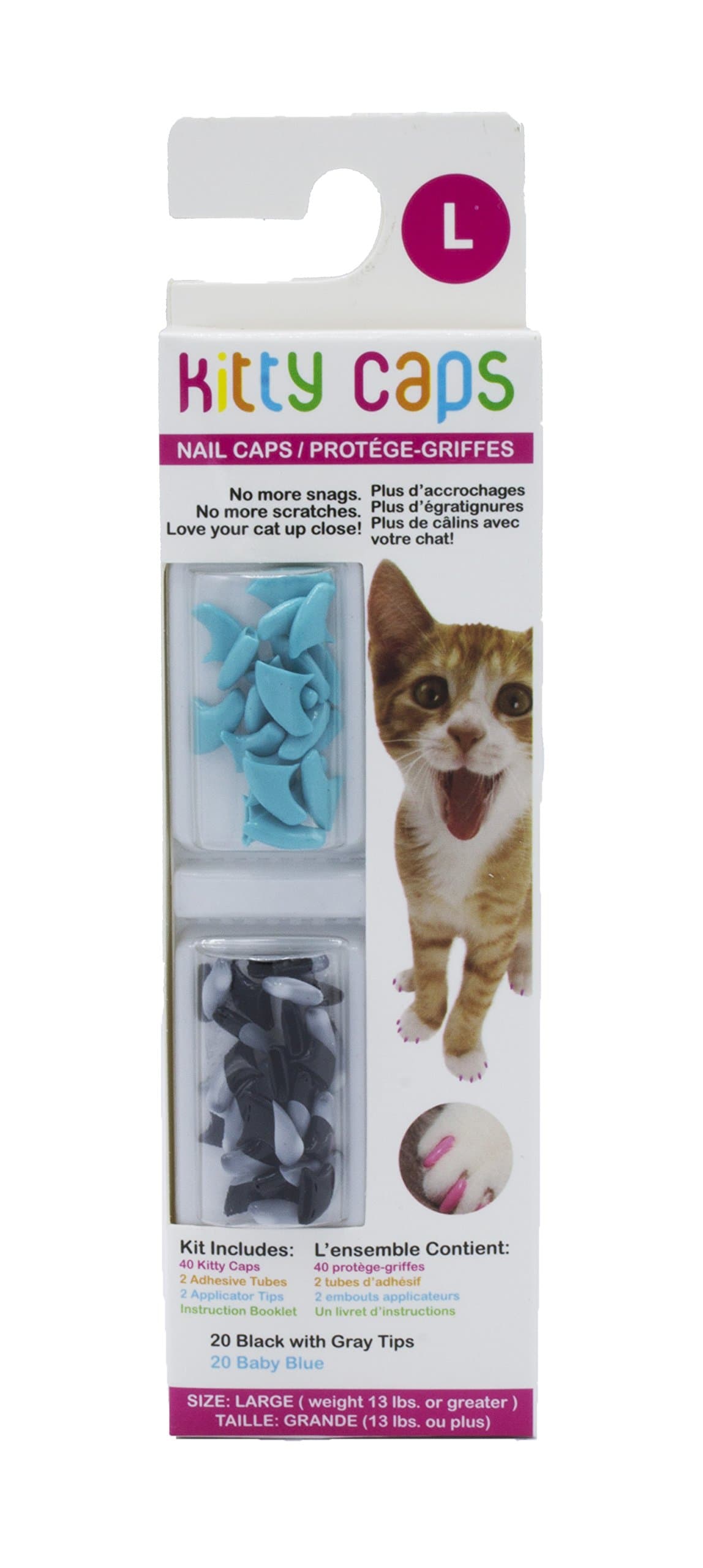 Kitty CapsKitty Caps Kitty Caps Nail Caps for Cats Safe & Stylish Alternative to Declawing Stops Snags and Scratches, Large (13 lbs or greater), Black with Gray Tips & Baby Blue (FF9325) (Pack of 1)
