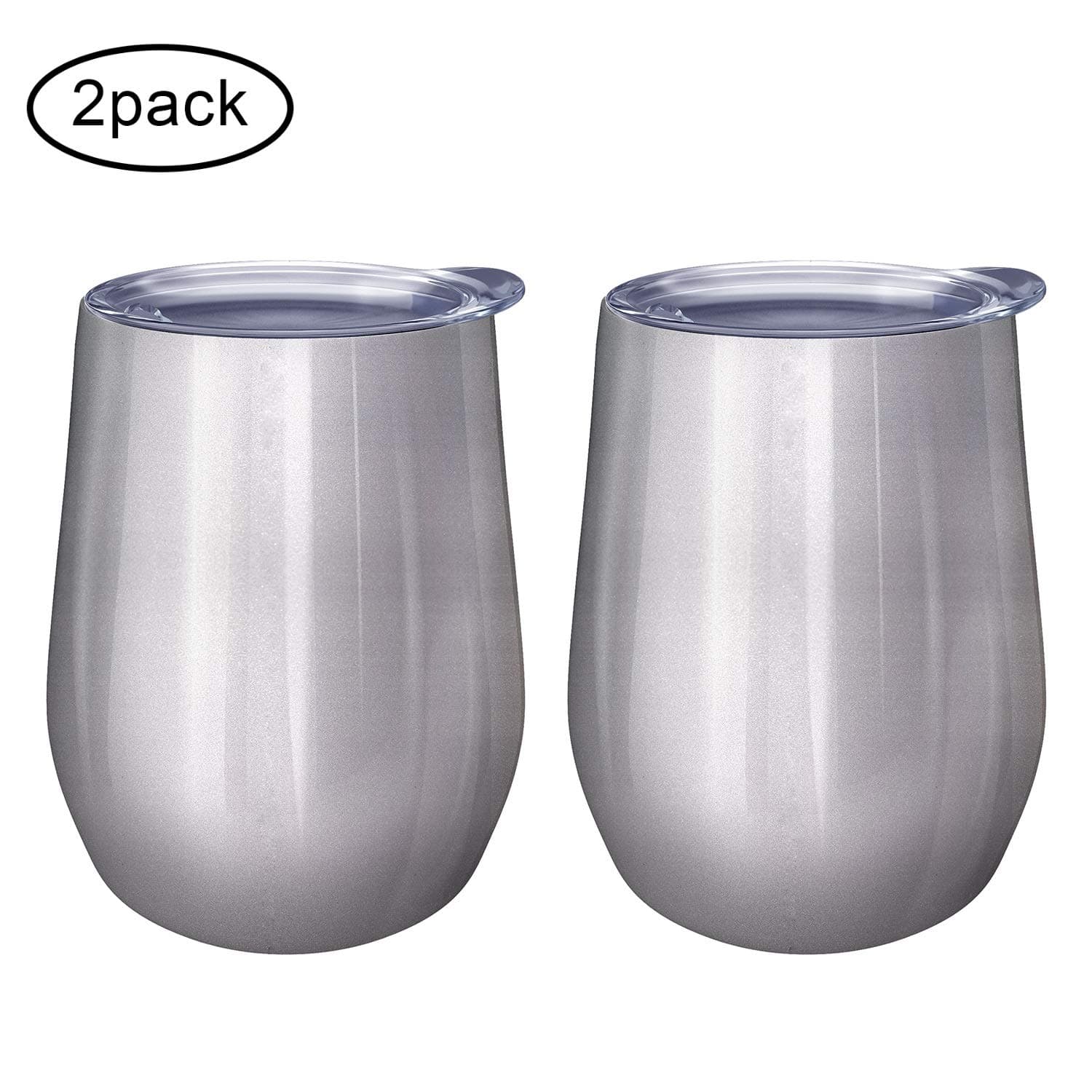 2 Pack Wine Glass with Lid, 12 oz Double-Insulated Stemless Vacuum Tumbler, Stainless Steel Travel Cup Silver