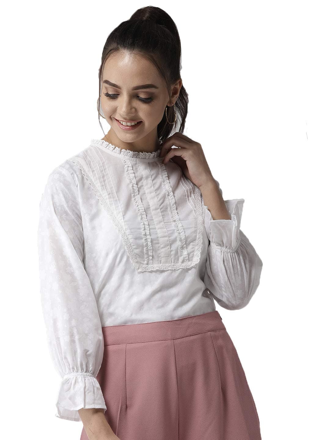 Women Off-White Printed Semi-Sheer Top - White