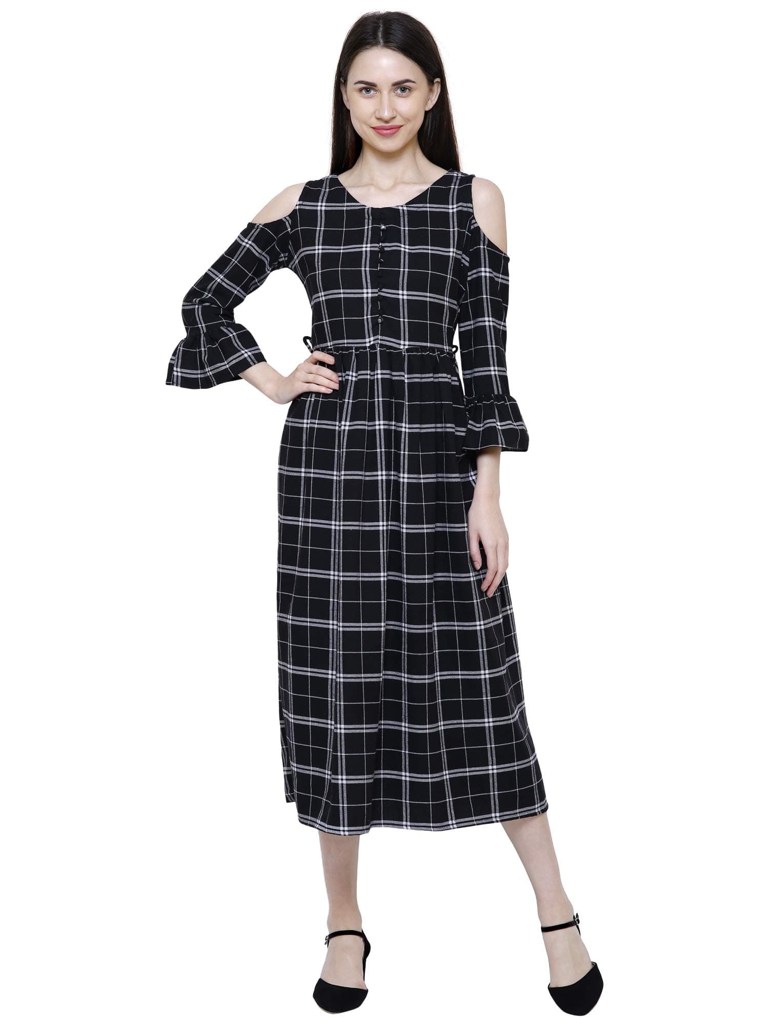 Women Black & White Check Cold Shoulder Rayon Long Kurti/Dress