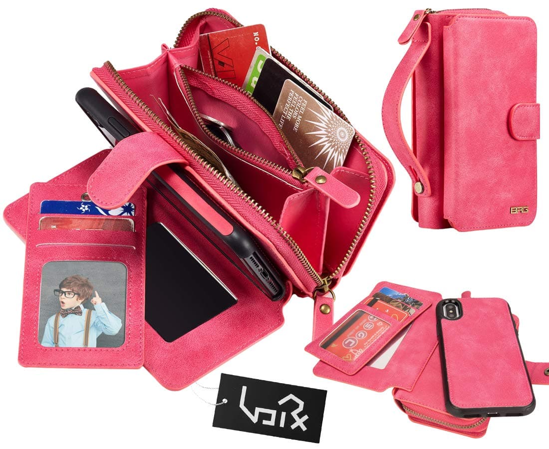 Urvoixfor iPhone Xs Max Case, 2 in 1 Premium Leather Zipper Wallet Handbag Detachable Magnetic Case Cover with Clutch Strap Flip Card Holder for iPhone Xs Max(6.5-inch Display), Pink