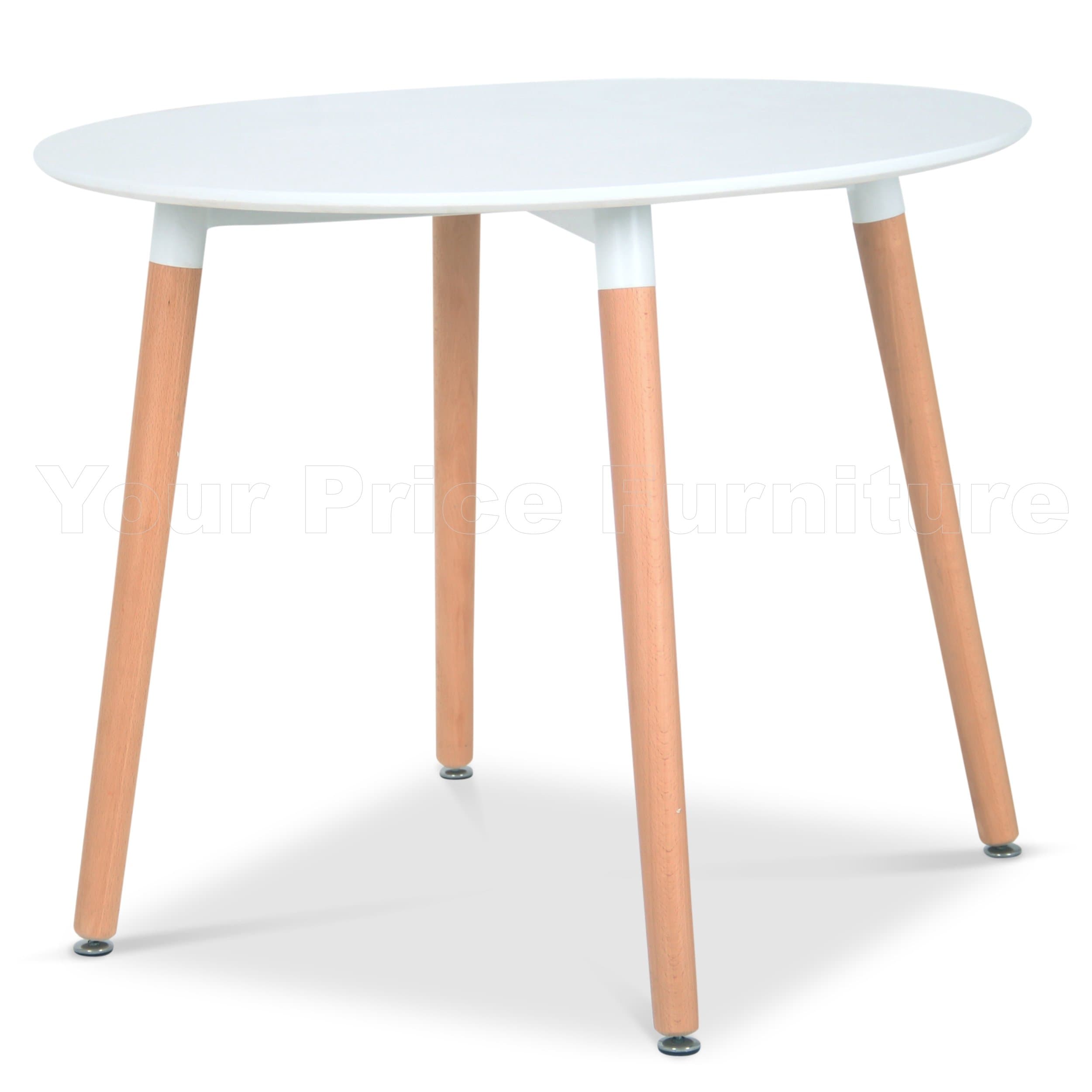 Designer Dining Table 90cms Small Round White With Natural Wood Legs Art Deco Style Your Price Furniture Brand