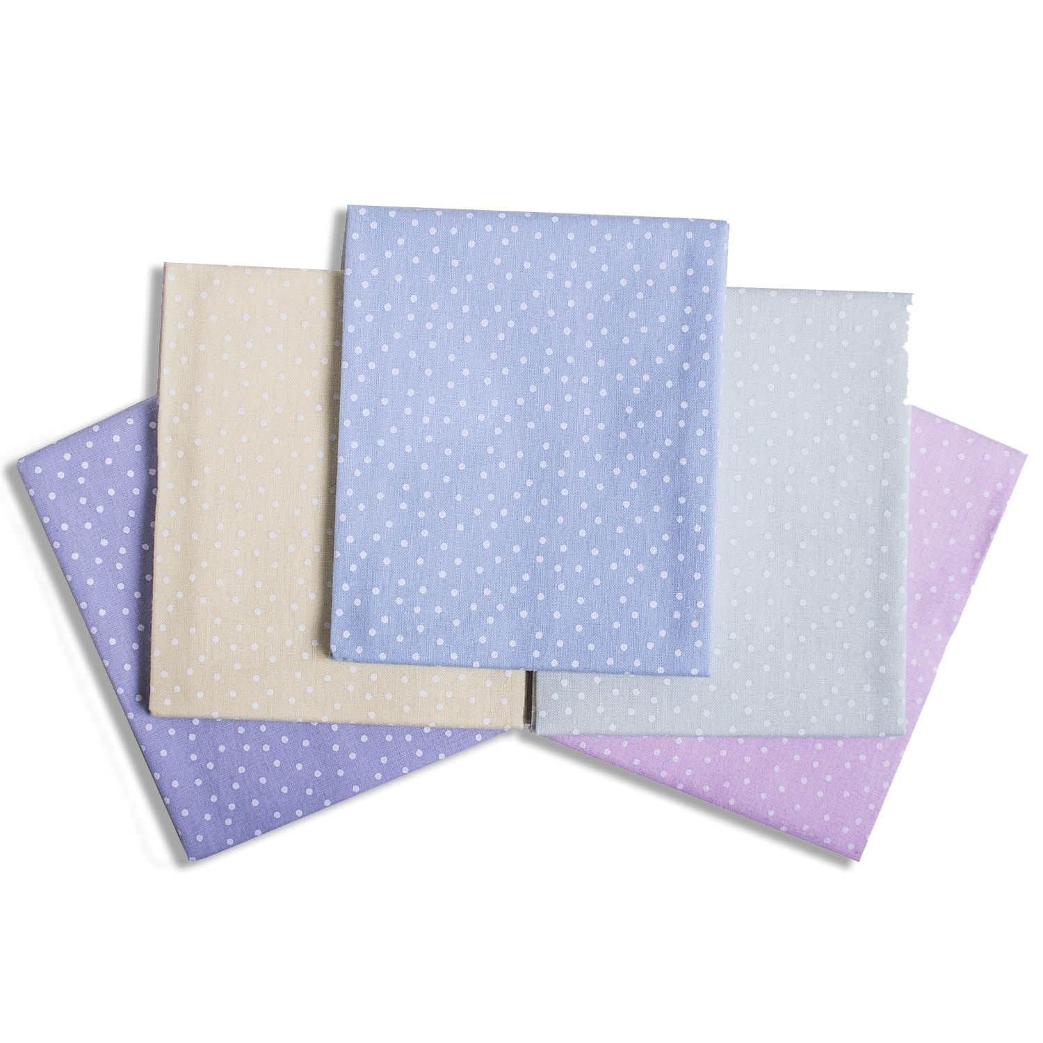 Pastel Spots 100% Cotton 5 Fat Quarter Bundle In Lighter shades Of Blue Yellow Green Pink Lavender Fabric Approx 18 X 22 inches Material For Quilting Craft Patchwork