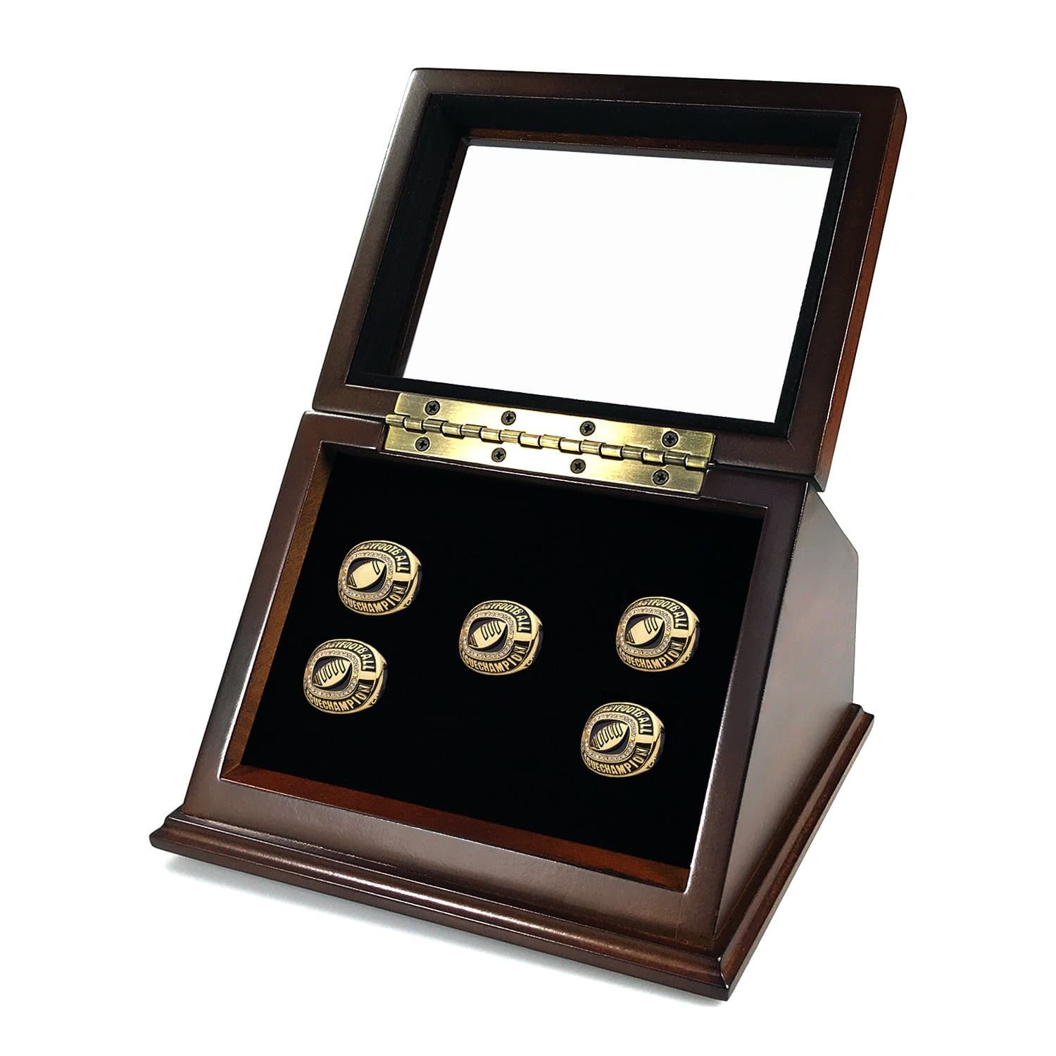 Championship Ring Display Case Box 5 Rings and 3 Rings Wood and Framed Glass Lid Gift Sports Fans