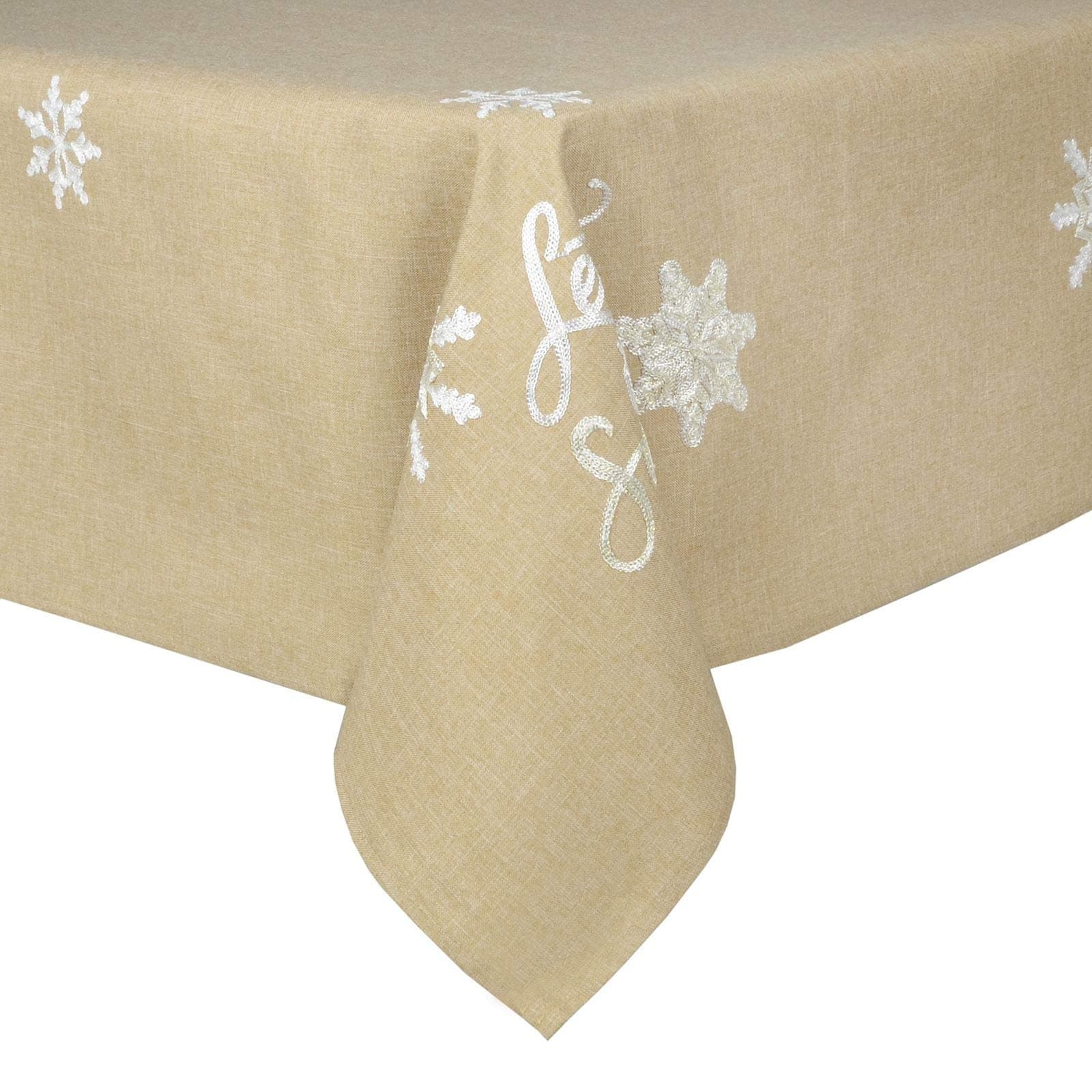 Christmas Tablecloth Beige Rectangle Shape Fabric Material Cover For Xmas Dinner Table With White Let It Snow Embroidered Text Snowflakes 52x90"