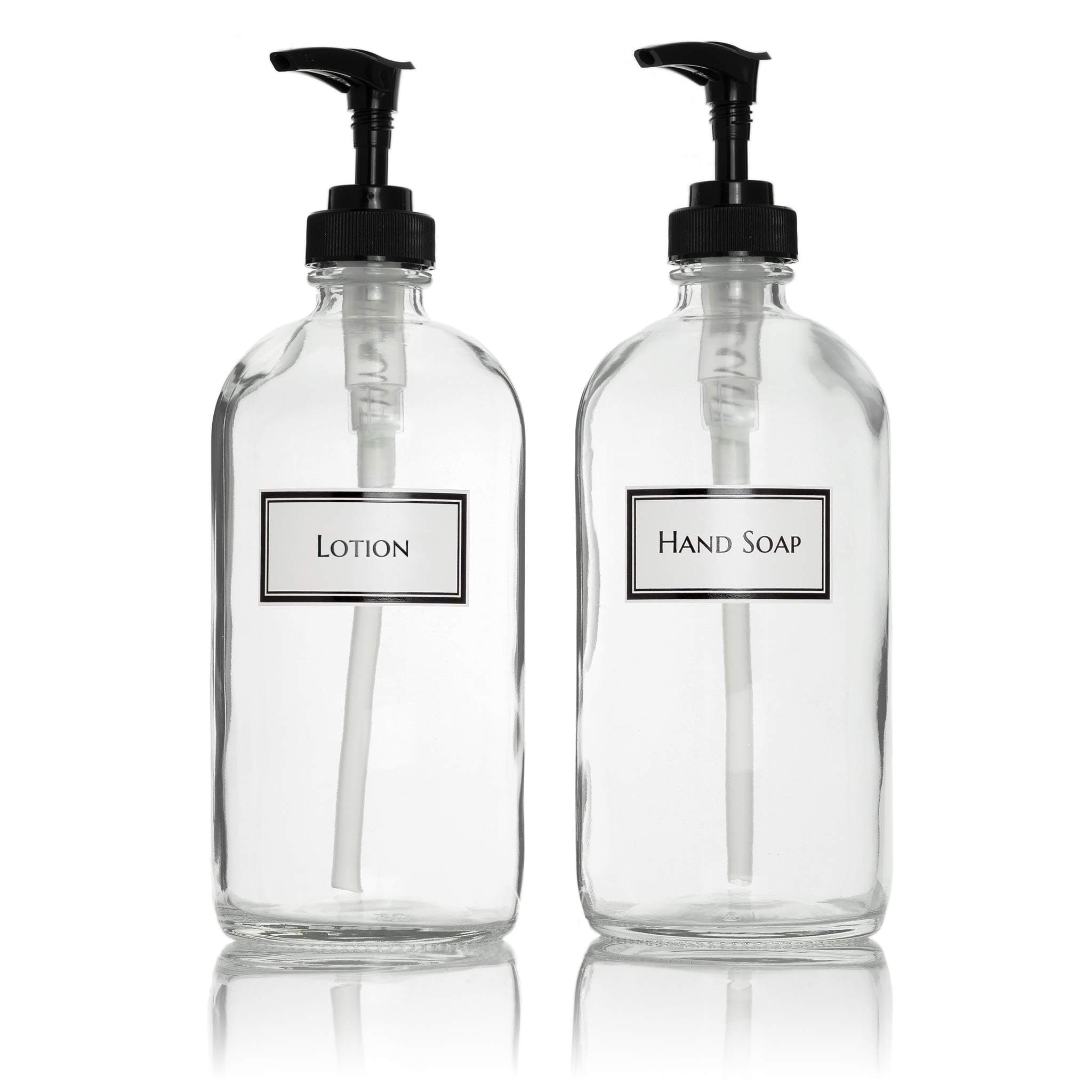 Ceramic Printed Glass Hand Soap and Lotion Dispenser Set with Black Pumps, 16 oz, Clear