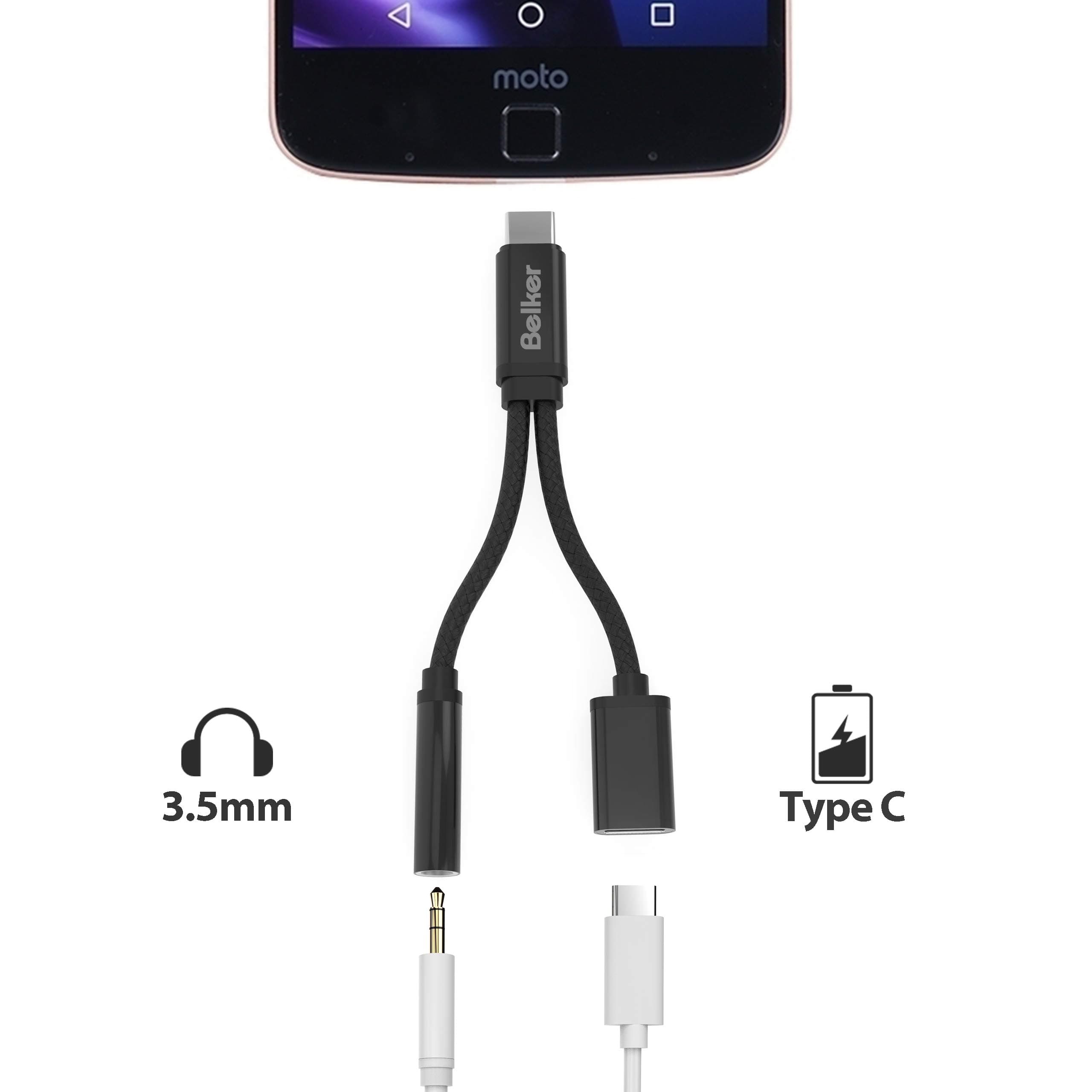 USB C to 3.5mm Headphone Jack Adapter, Belkertech Nylon Braided 2 in 1 Type C to 3.5mm Audio Charge Cable Compatible with MotoZ, Huawei Mate 10 Pro Xiaomi 6 Nubia Z17/ Black