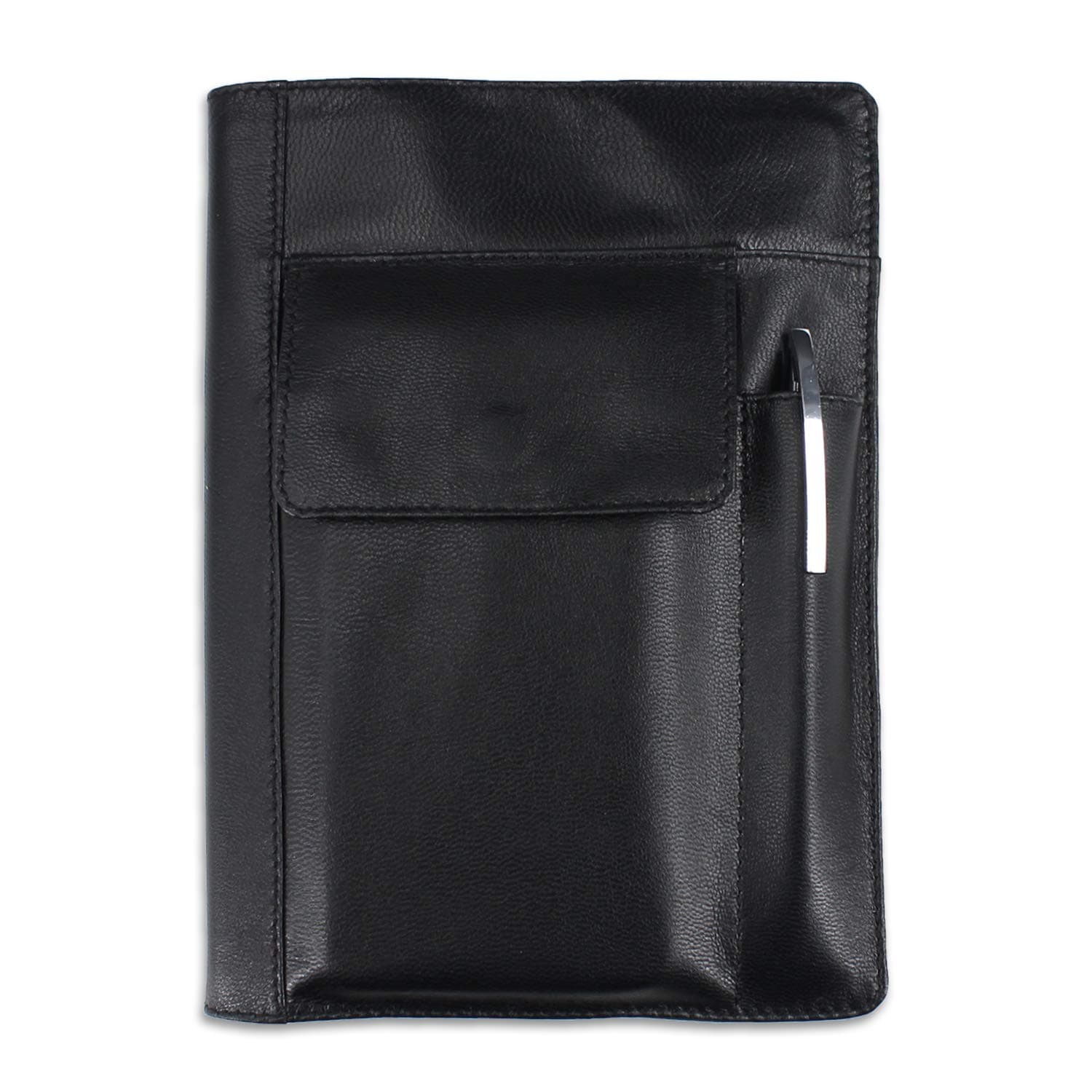 Refillable Leather A5 Notebook with Pen Pocket Traveler's Journal with Mobile Phone Pocket (Black)