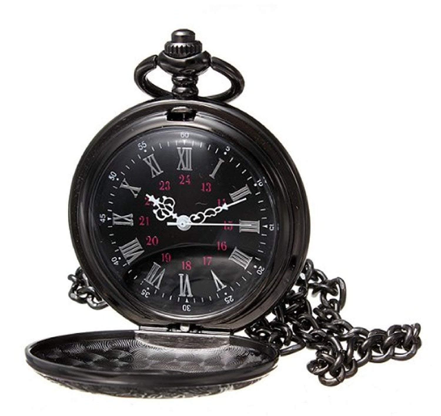 WIOR Black Classical Pocket Watch Retro Steampunk Pattern Quartz Numerals Pocket Watch with 14.5 in Chain for Graduation Xmas Birthday Fathers Day