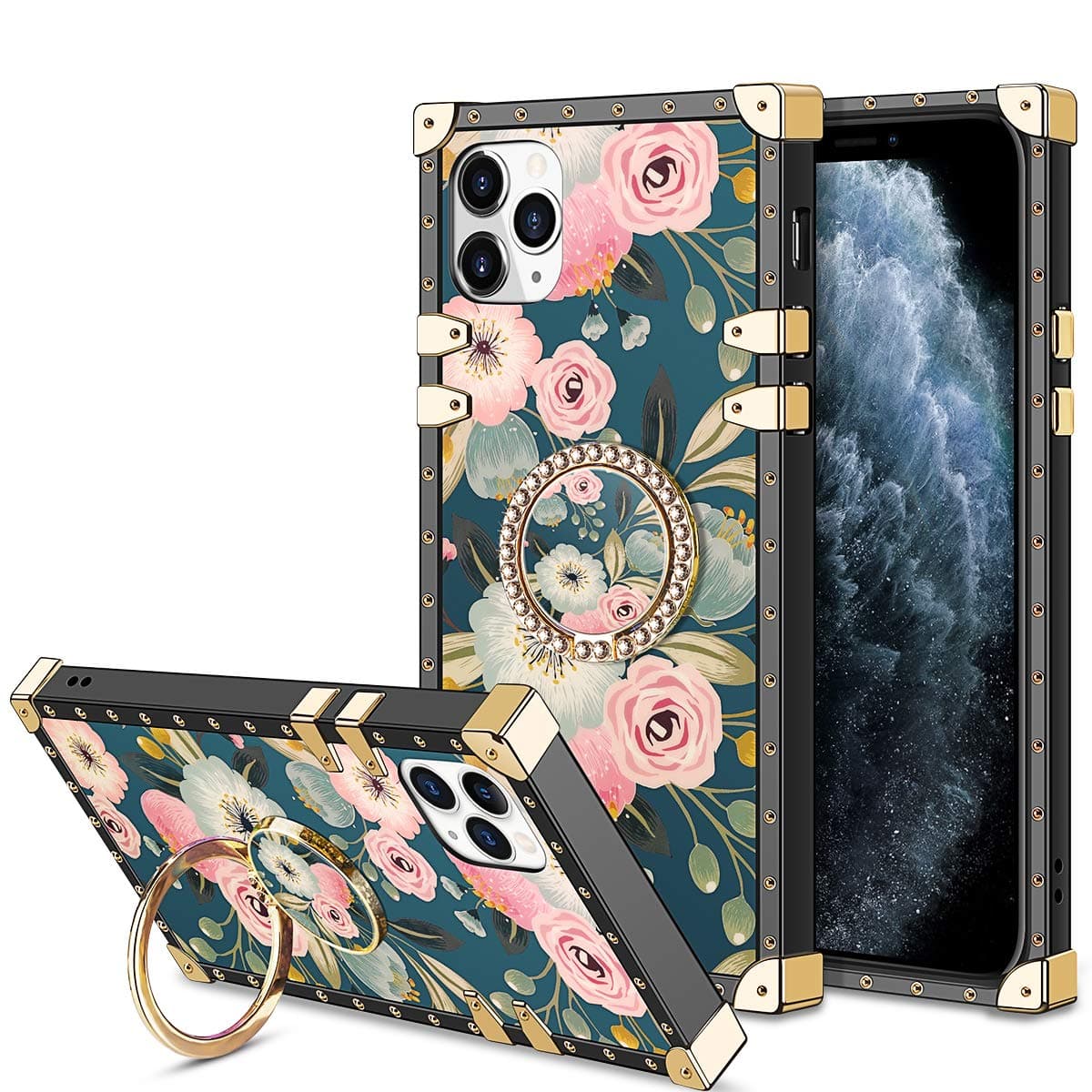 HoneyAKE Case for iPhone 11 Pro Max Case with 360 Degree Rotation Ring Stand Holder Floral Flower Elegant Soft TPU Reinforced Corner Shock-Absorbing Protective for iPhone 11 Pro Max 6.5 inch, Flowers