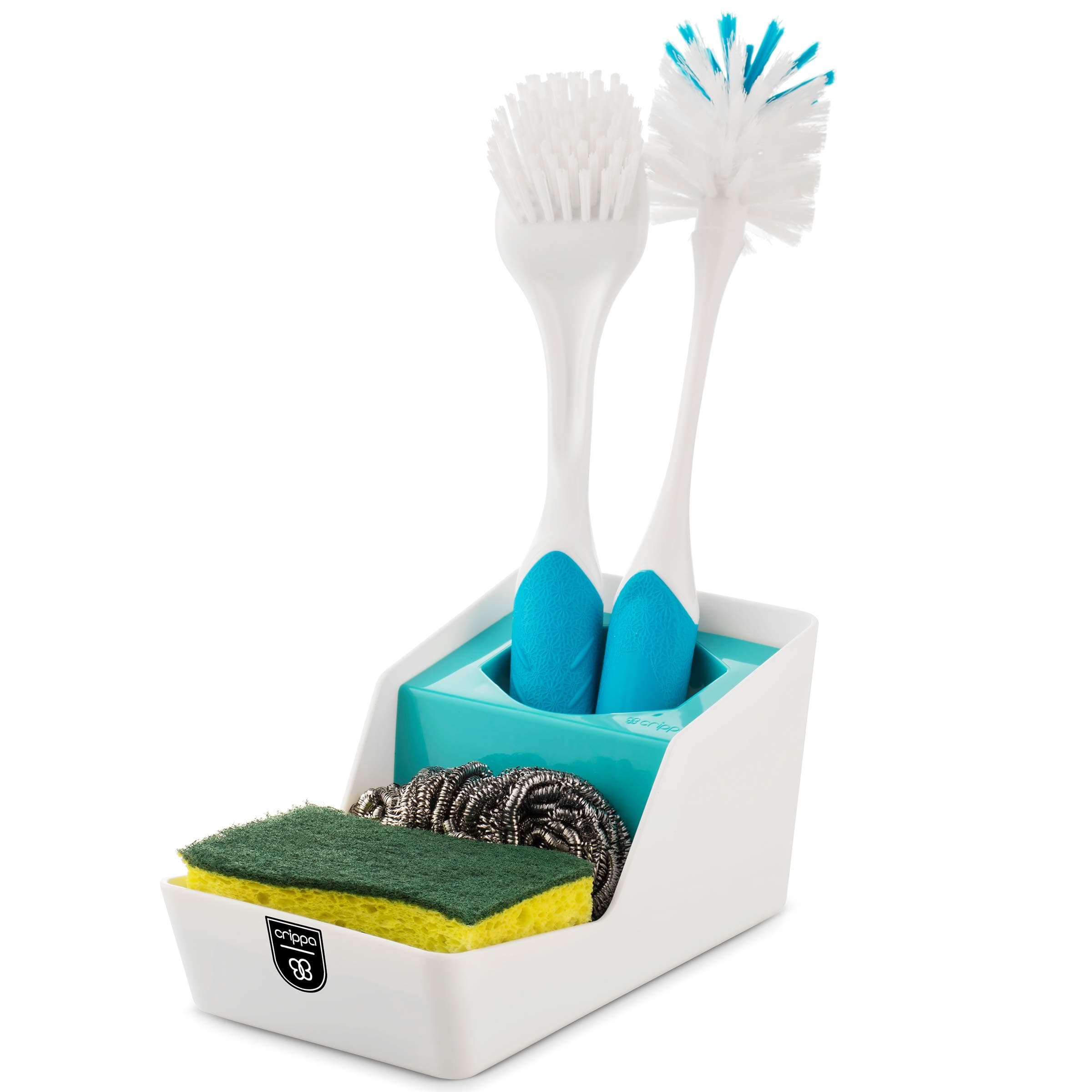 Crippa Sponge Holder for Kitchen Sink | Sink Sponge Holder | Dish Brush Holder | Perfect Kitchen Sink Organizer for Dish Sponge, Scrubber, and Brush | Eco-friendly Plastic - White & Turquoise