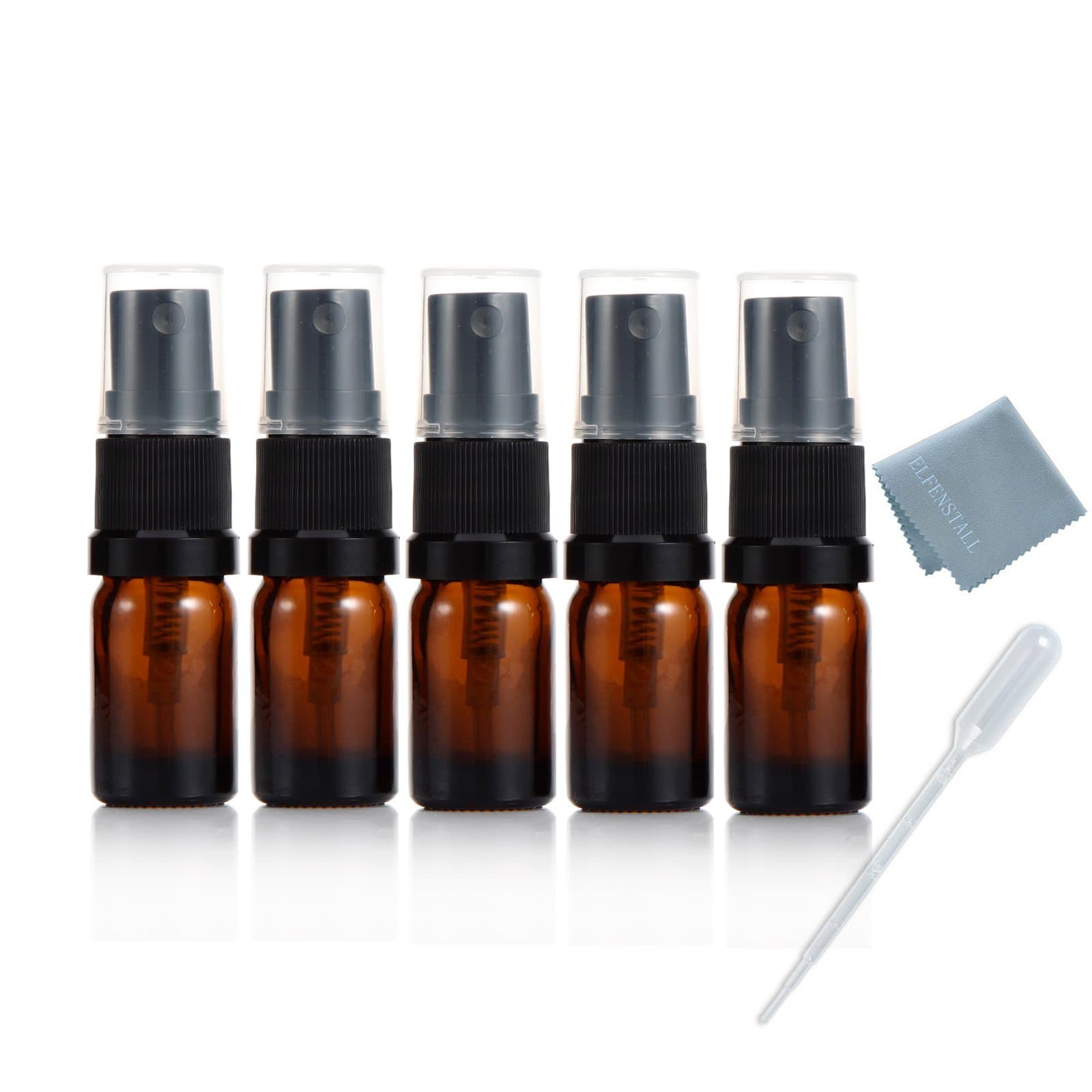 Elfenstal- 5pcs Mini Thick 5ml Amber Fine Mist Atomizer Glass Bottle Spray Refillable Perfume Empty Bottle Glass for Aromatherapy Essential Oil Party Portable Makeup Tool Free Pipette