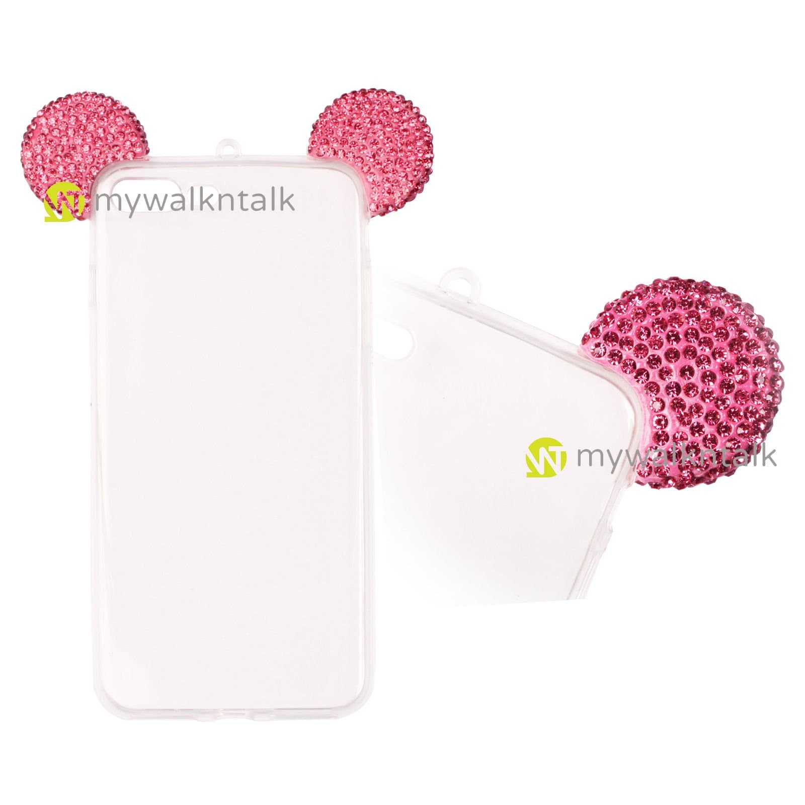 3D Bling Mickey Mouse Ears Shiny Glitter Crystal Diamond Back Case Cover Transparent Soft TPU With Free Neck Strap For Apple iPhone 7 Plus - Dark Pink