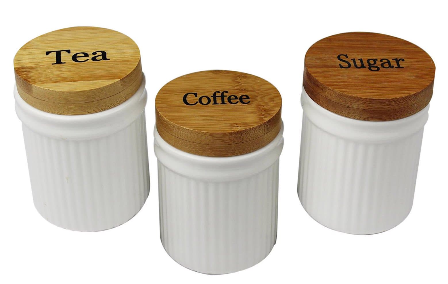 Cream Tea Coffee Sugar Jars Round Ribbed Shape Ceramic Canisters With Bamboo Lids