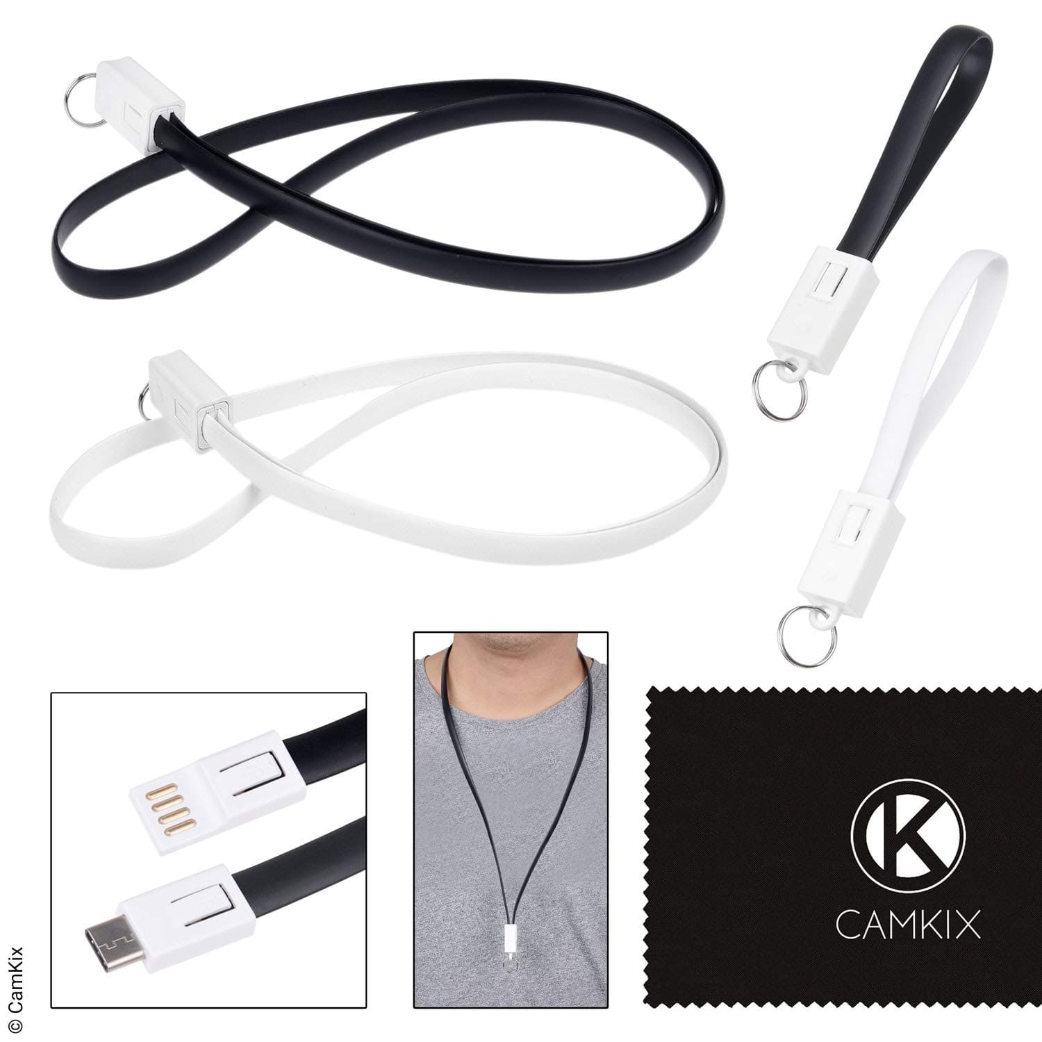 USB type C Lanyard and Keychain bundle (Neck Lanyard & Keychain - 4 pack/Black & White)
