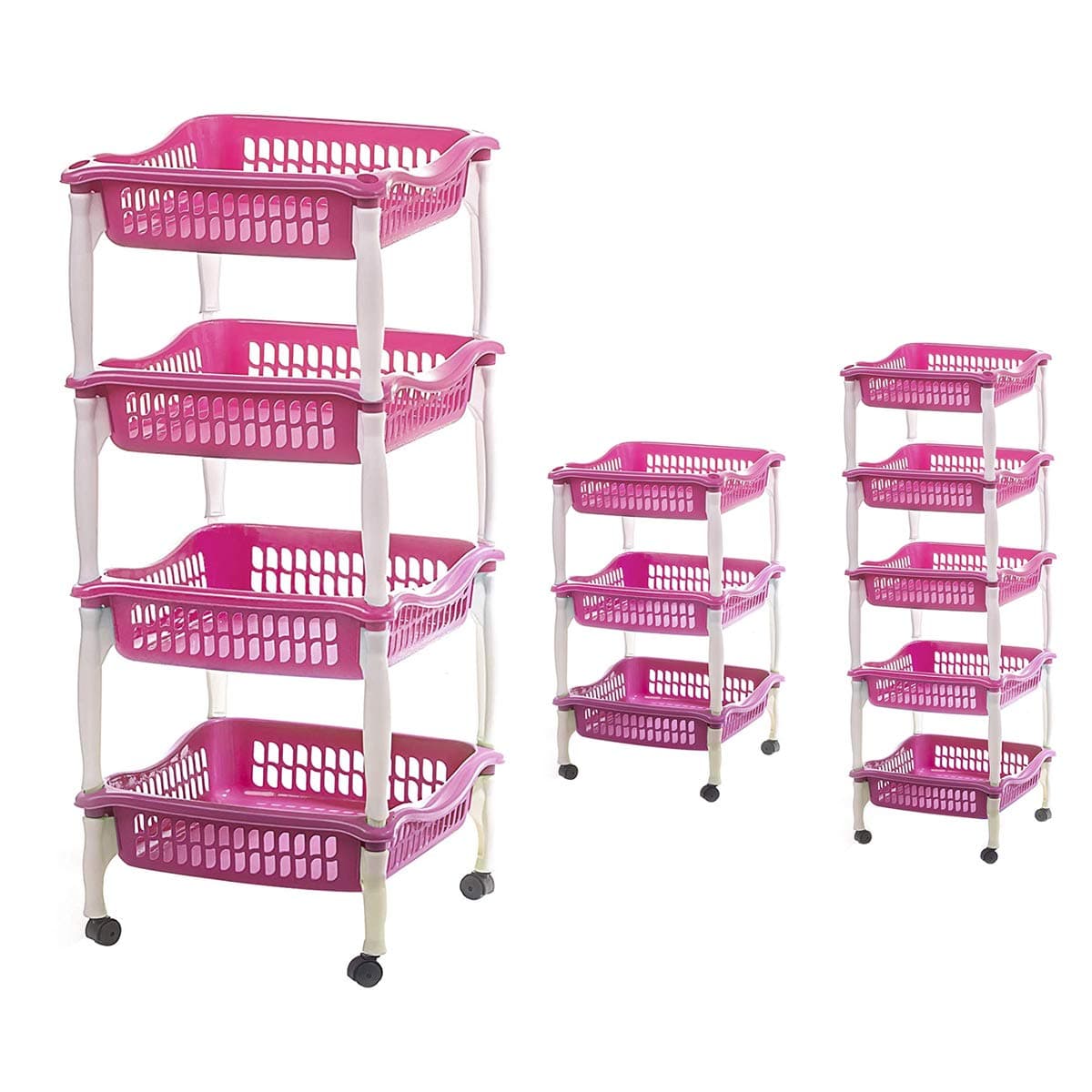 Elianware 4-Tier Multi Purpose Kitchen, Household Portable Storage Racks with Wheels Tray Basket Square Shaped Pink