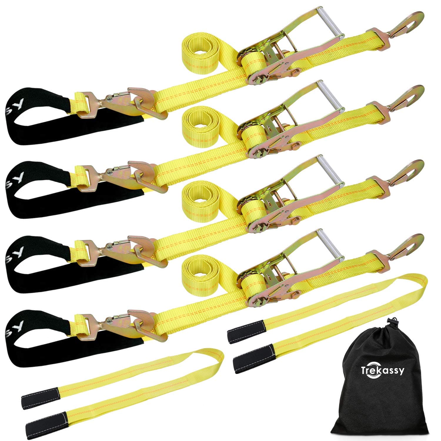 Trekassy 4 Pack Car Axle Straps Ratchet Tie Downs System with Snap Hooks, 2 Free Lift Sling Straps and 1 Carrying Bag