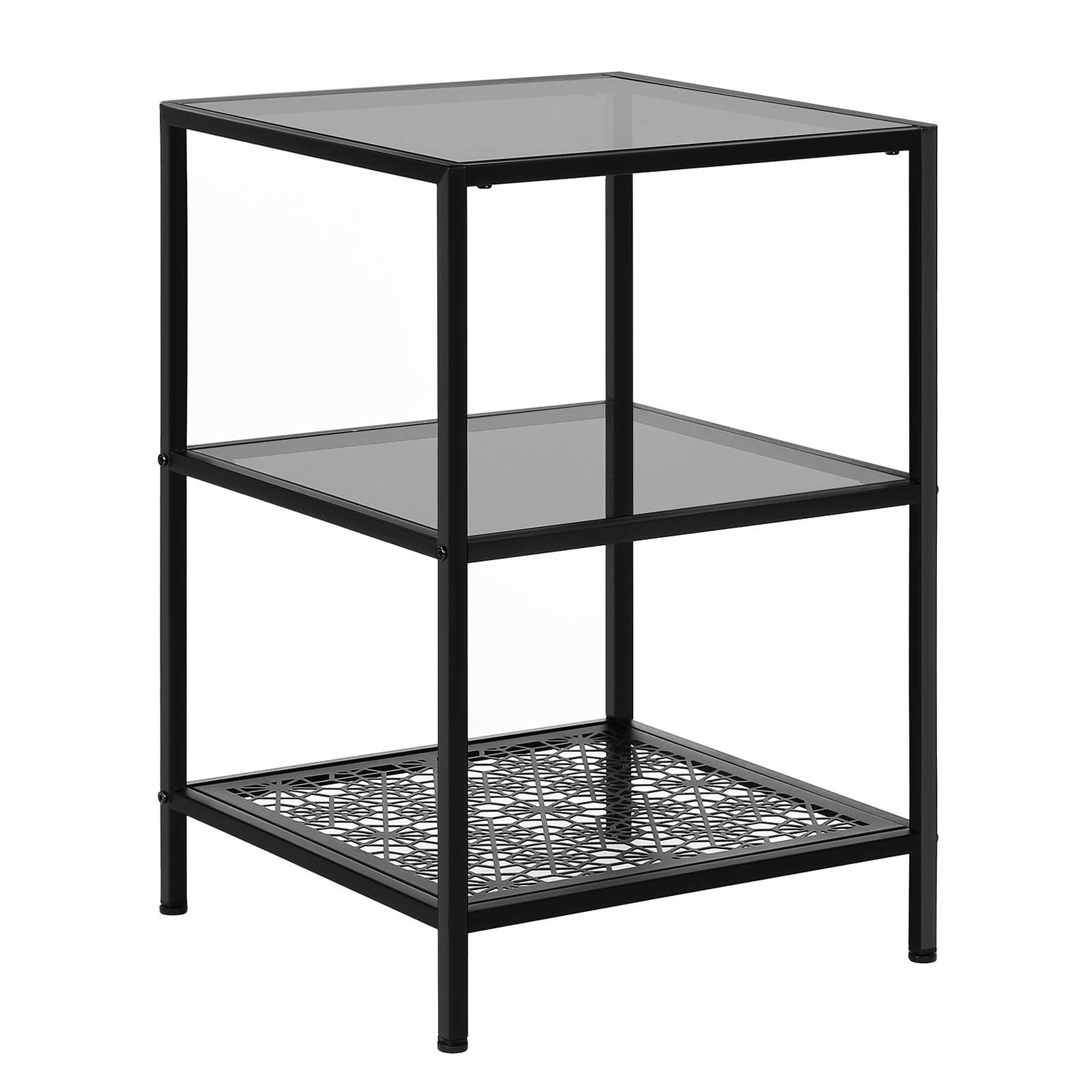 VASAGLE Side Table with 2 Glass Table Surfaces, Storage Shelf with Flower Pattern and Robust Tempered Glass, SGS Tested Sturdy and Stable, for Living Room, Bedroom, Balcony, Metal, Black LGT02BK