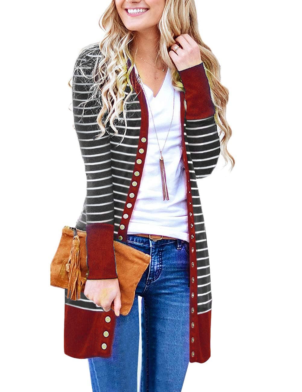 Kafadala Women's Snap Button Down Stripe Contrast Color V Neck Long Sleeve Cardigan Sweater Coat