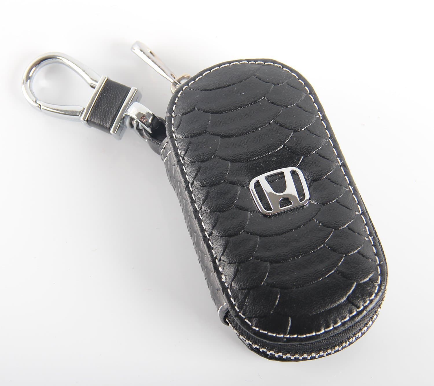 Key chain Bag Oval fish scale stripes Genuine Leather Ring Holder Case Car Auto Coin Universal Remote Smart Key cover Fob Alarm Security Zipper keychain Wallet Bag (Black, Honda)