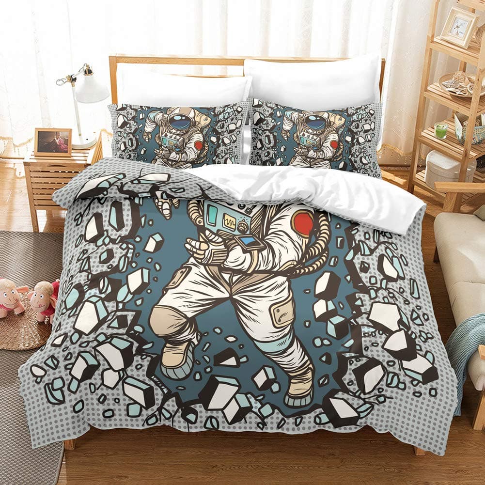 Erosebridal Astronaut Kids Bedding Sets Microfiber 3D Printed Astronaut Breaking The Wall White/Blue Boys Duvet Cover Set,Cosmonaut bedcover Quilt 1 Duvet Cover 2 Pillowcase,No Comforter Queen90 x90